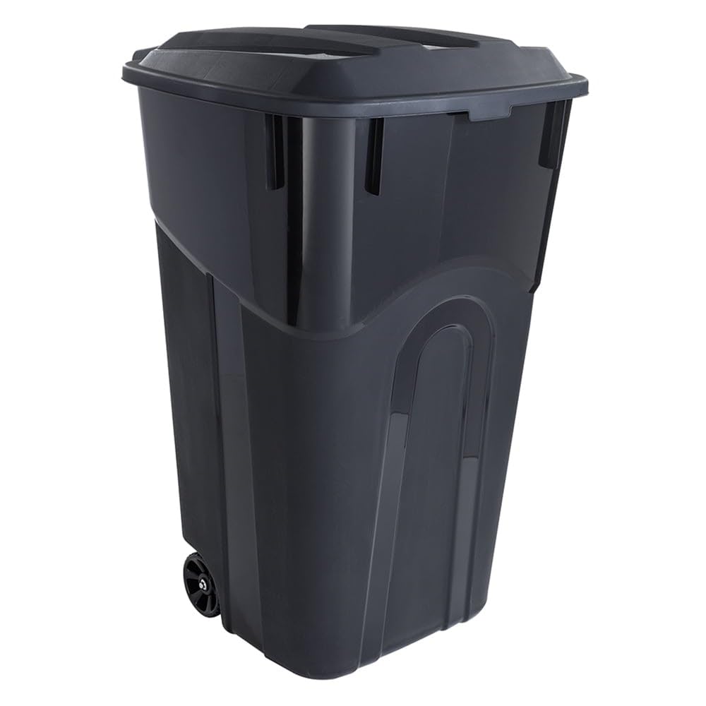 32 Gallon Black Plastic Garbage Can with Attached Lid U78643