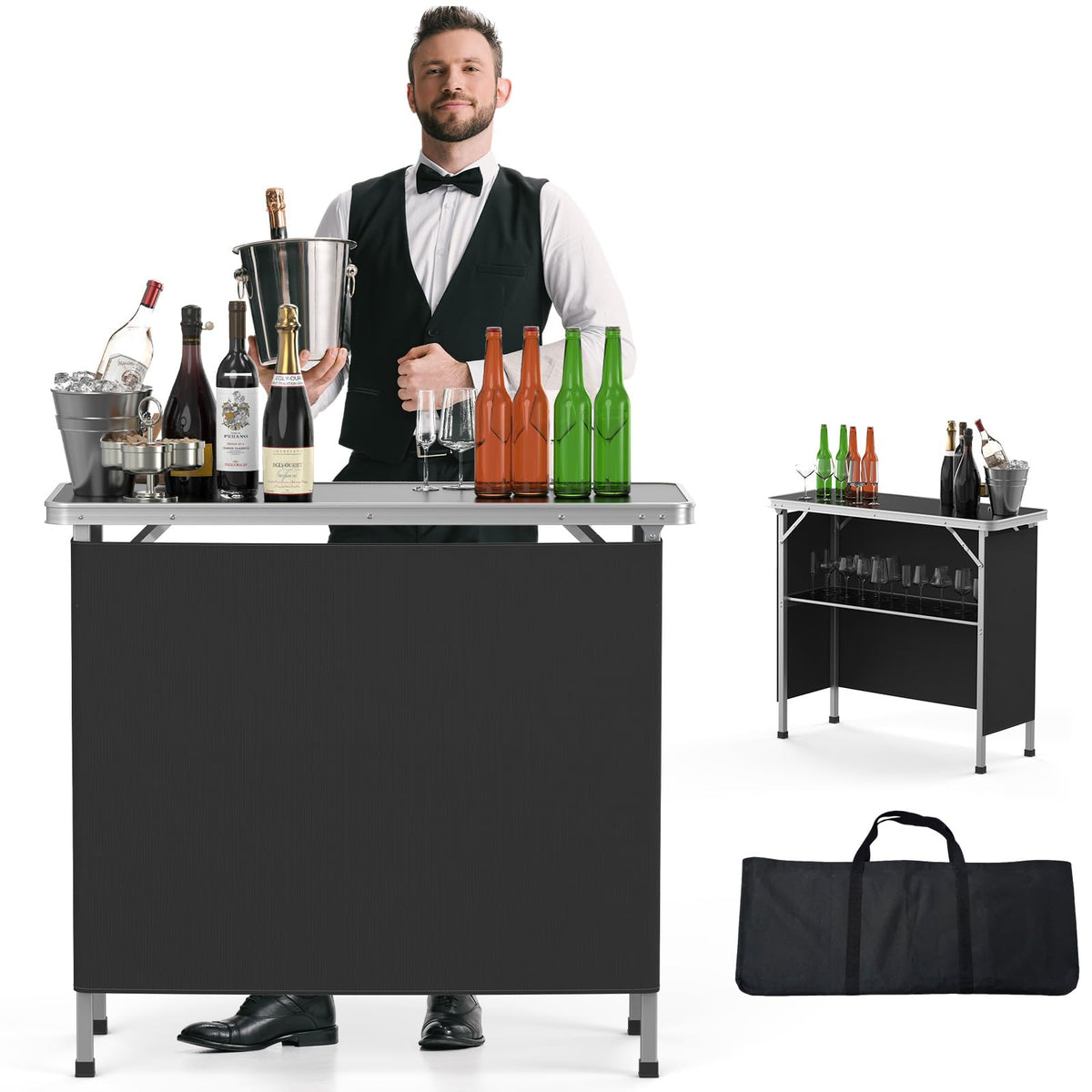 Portable 2-Tier Mobile Bar Table with Black Skirt Y770092