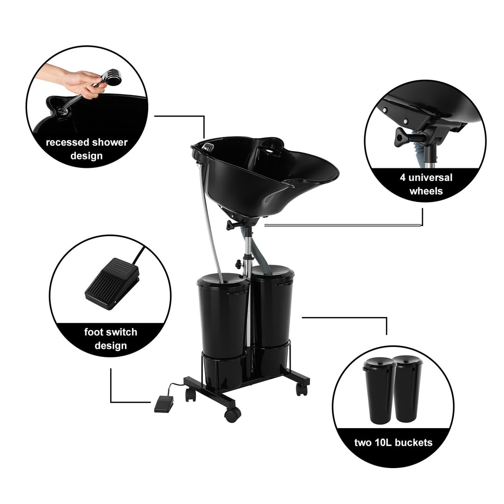 Portable Plastic Shampoo Bowl Unit with 2 Bucket and Drain Hoses Black J3074