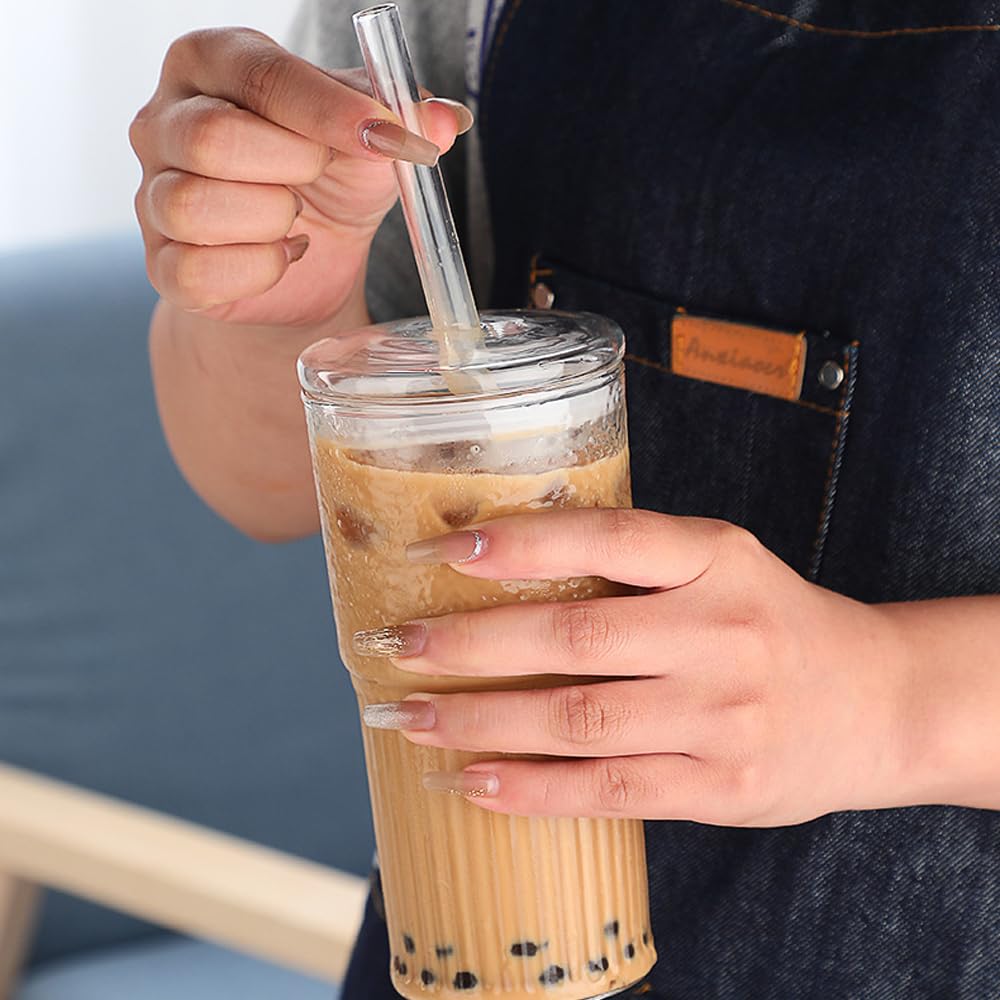 2Pcs 22oz Glass Cups with Lids and Straws B884