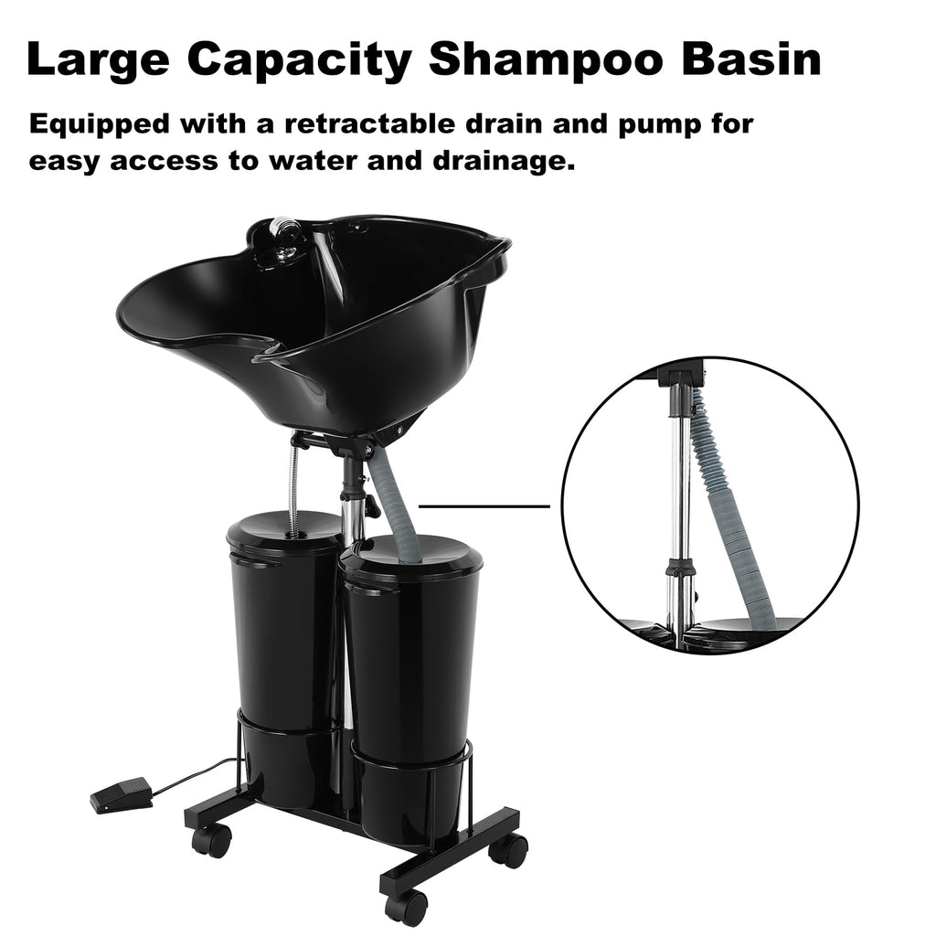 Portable Plastic Shampoo Bowl Unit with 2 Bucket and Drain Hoses Black J3074