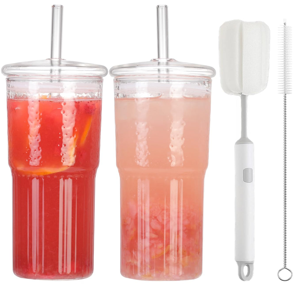 2Pcs 22oz Glass Cups with Lids and Straws B884
