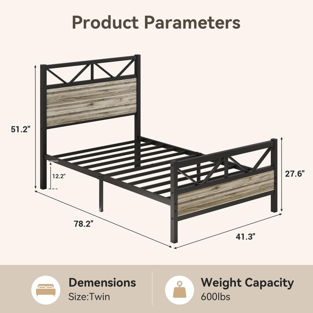 Wash Grey Twin Size Bed Frame with Tall Headboard X518
