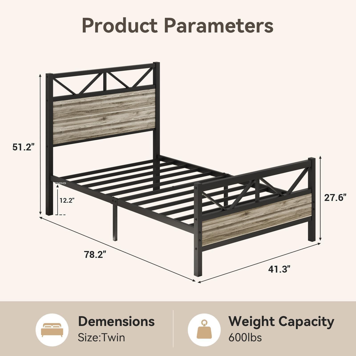 Wash Grey Twin Size Bed Frame with Tall Headboard X518