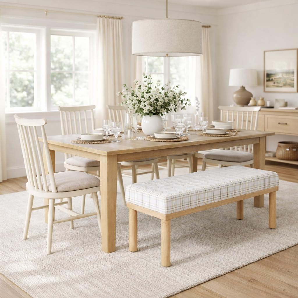 Natural Plaid Woven Fabric Bench M6878