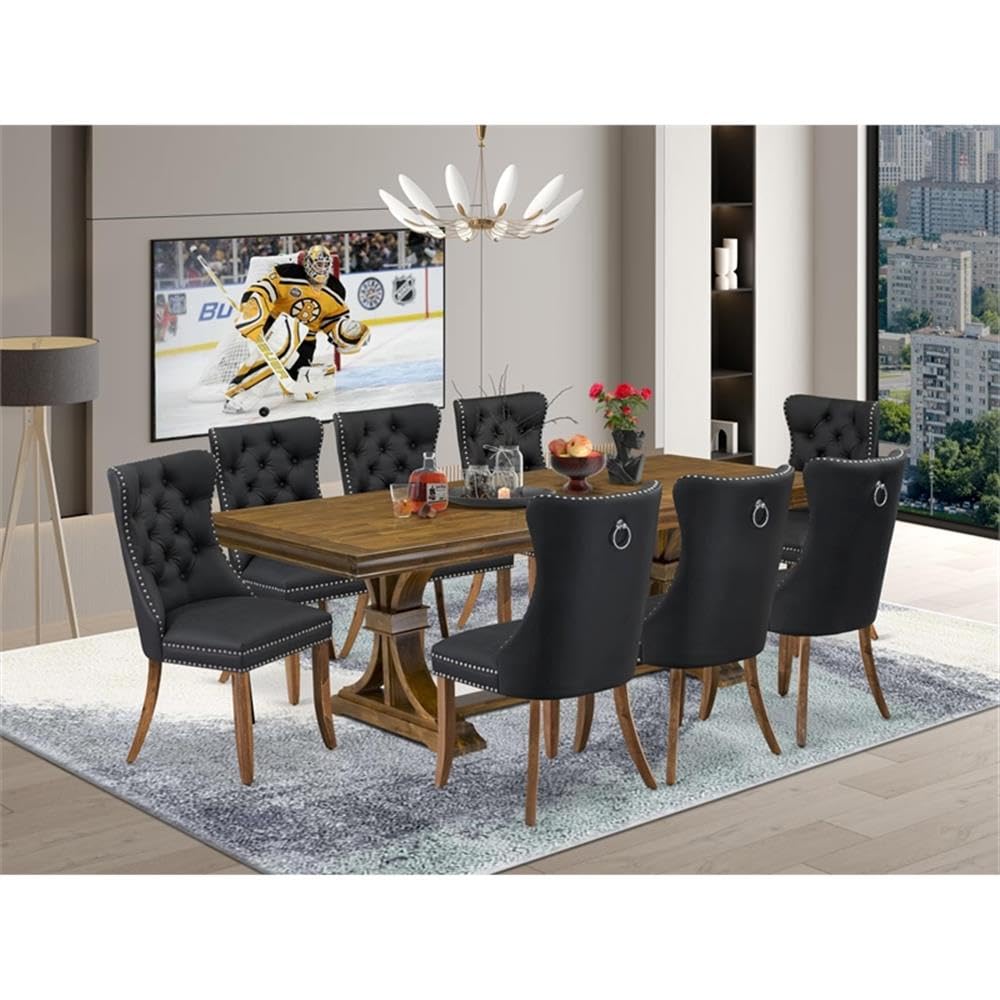 9-Piece Acacia Wood Dining Table Set with 8 Dark Grey Chairs P769