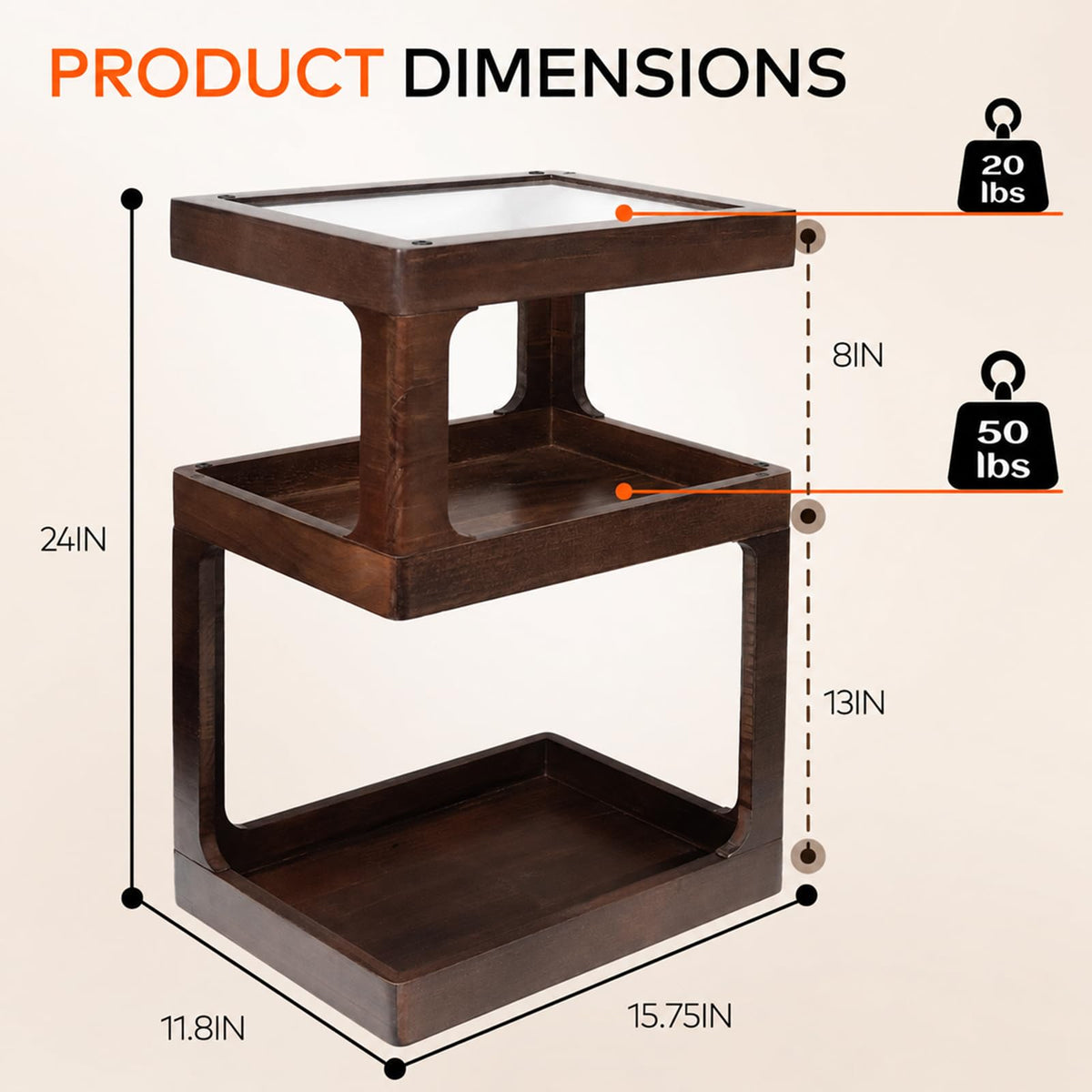 Solid Wood 3 Tier Brown Side Table O662583