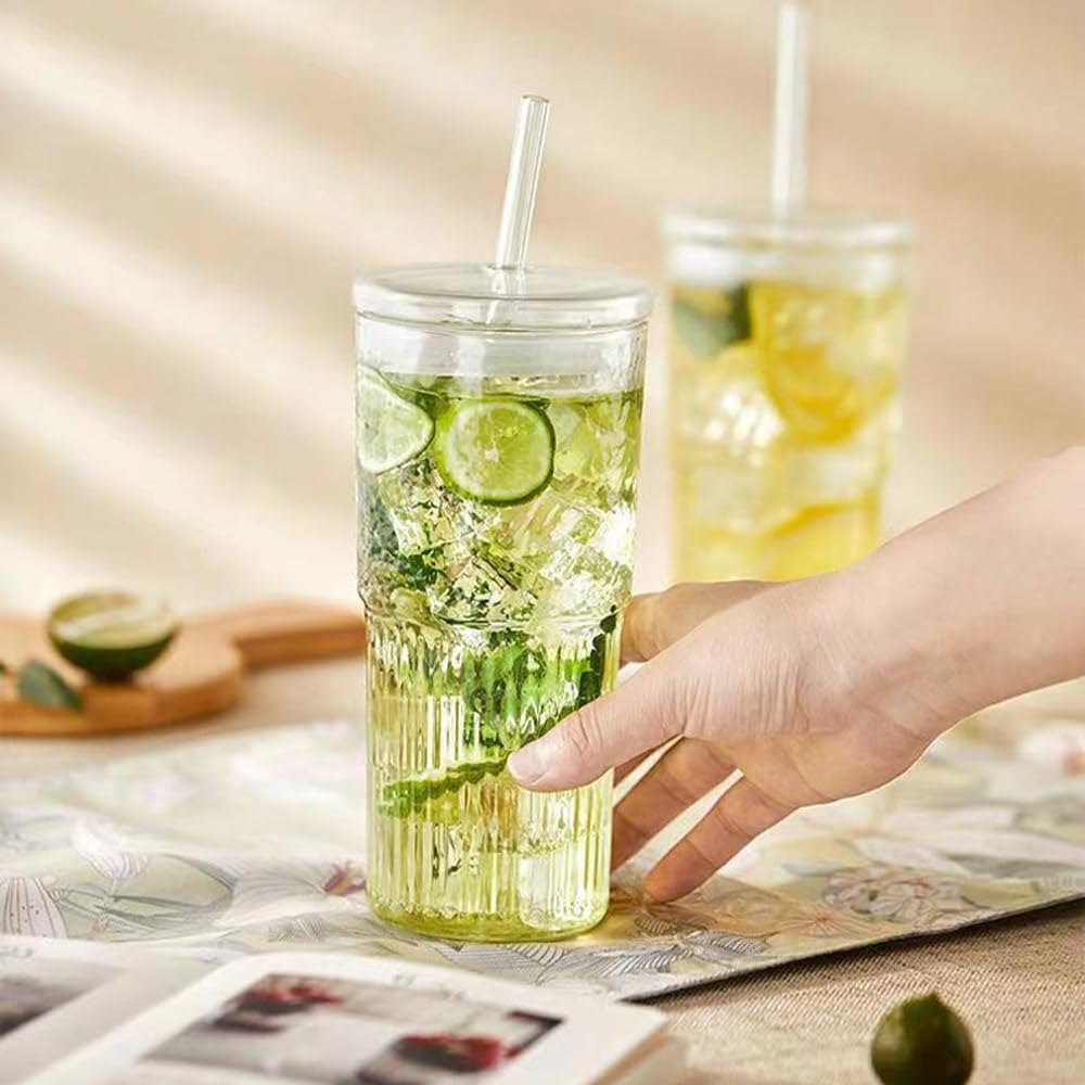 2Pcs 22oz Glass Cups with Lids and Straws B884