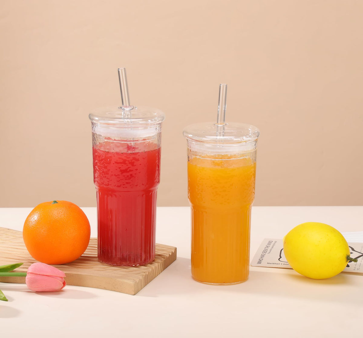 2Pcs 22oz Glass Cups with Lids and Straws B884