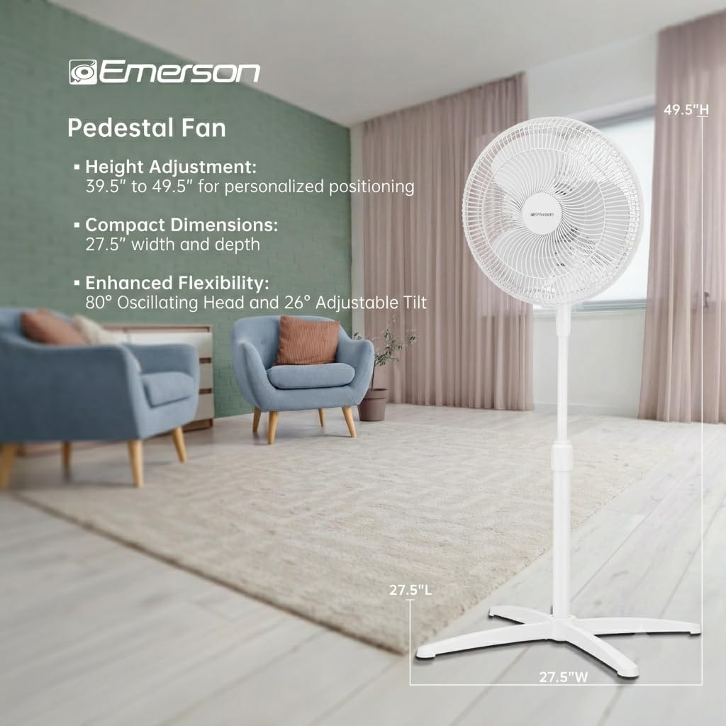 16-inch Oscillating Pedestal Fan with 3-Speed Control, White E693