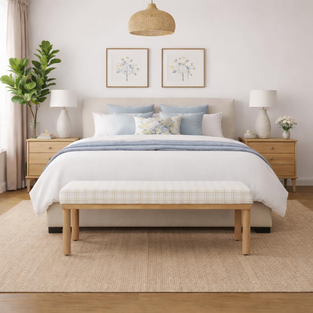 Natural Plaid Woven Fabric Bench M6878