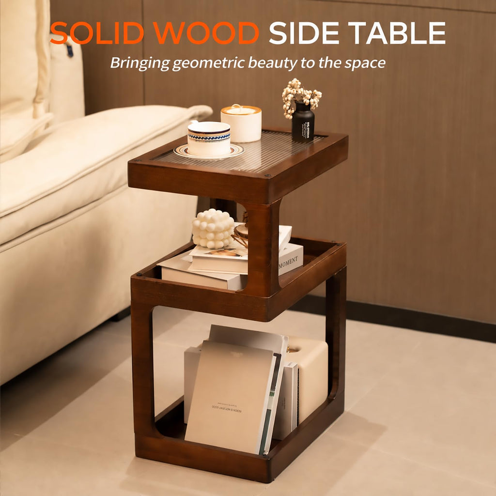 Solid Wood 3 Tier Brown Side Table O662583