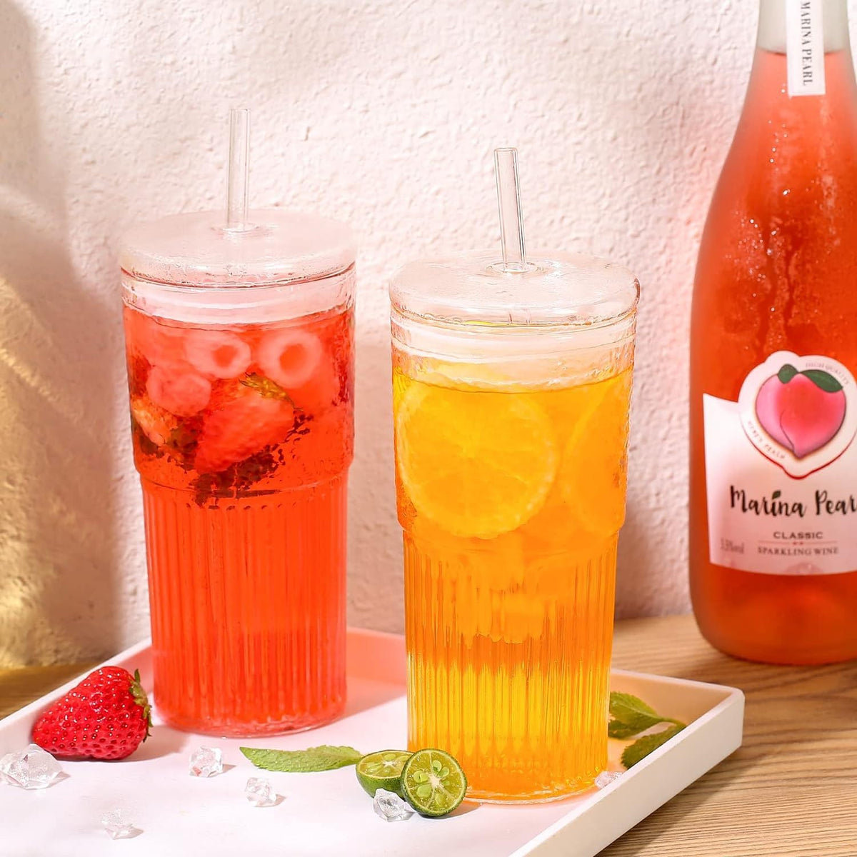 2Pcs 22oz Glass Cups with Lids and Straws B884