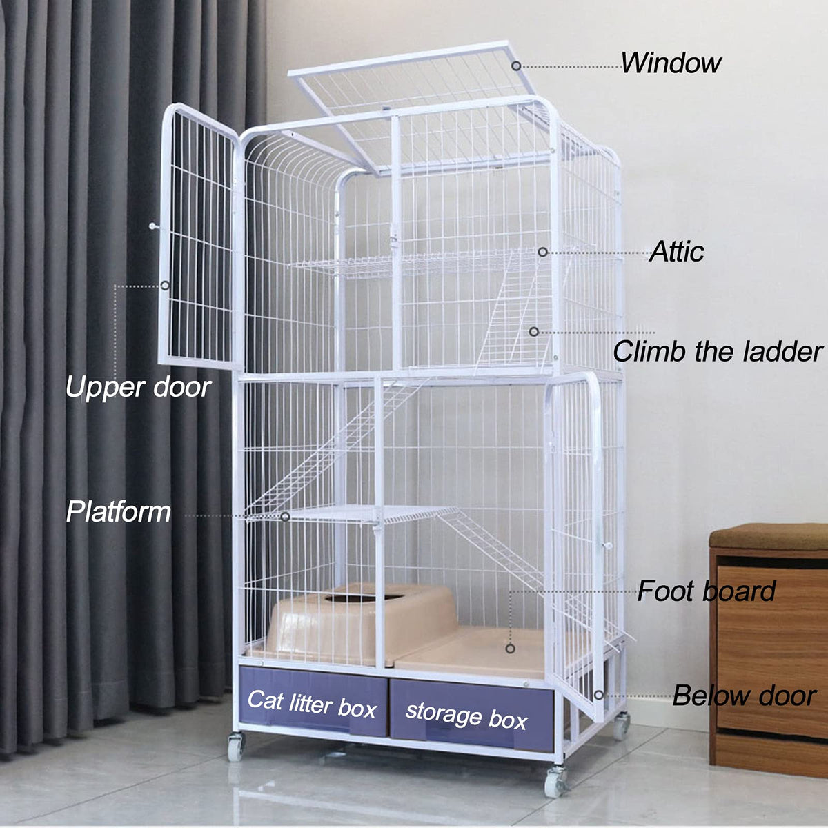 Heavy Duty Metal Cat Cage Dog Crate with Four Wheels Y50680