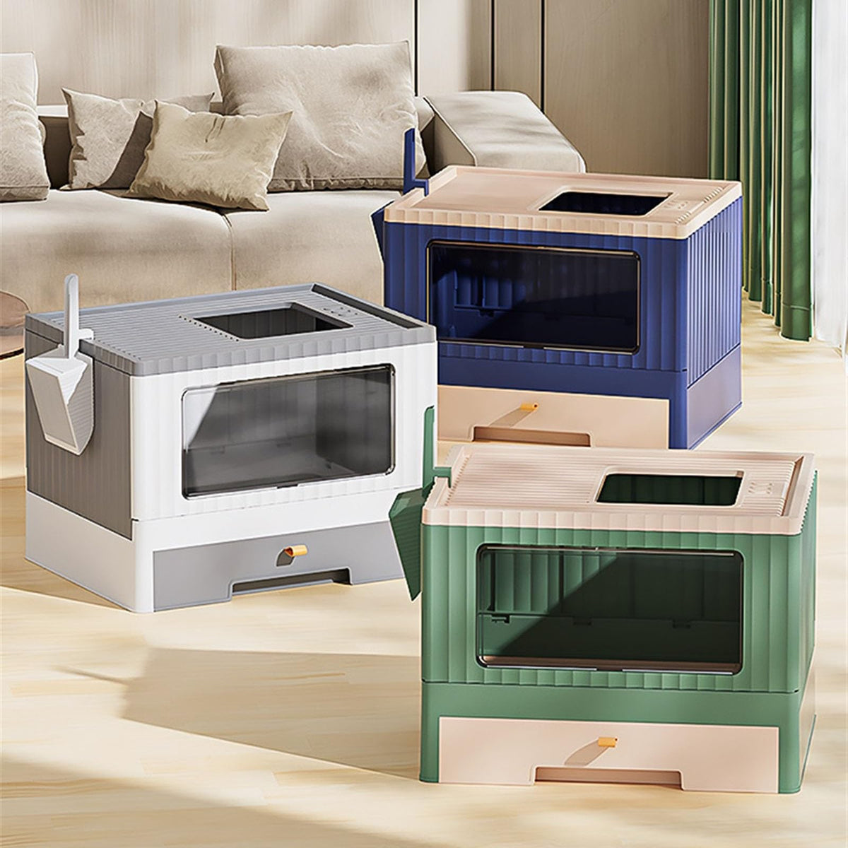 Foldable Enclosed Cat Litter Box with Lid and Scoop E62677