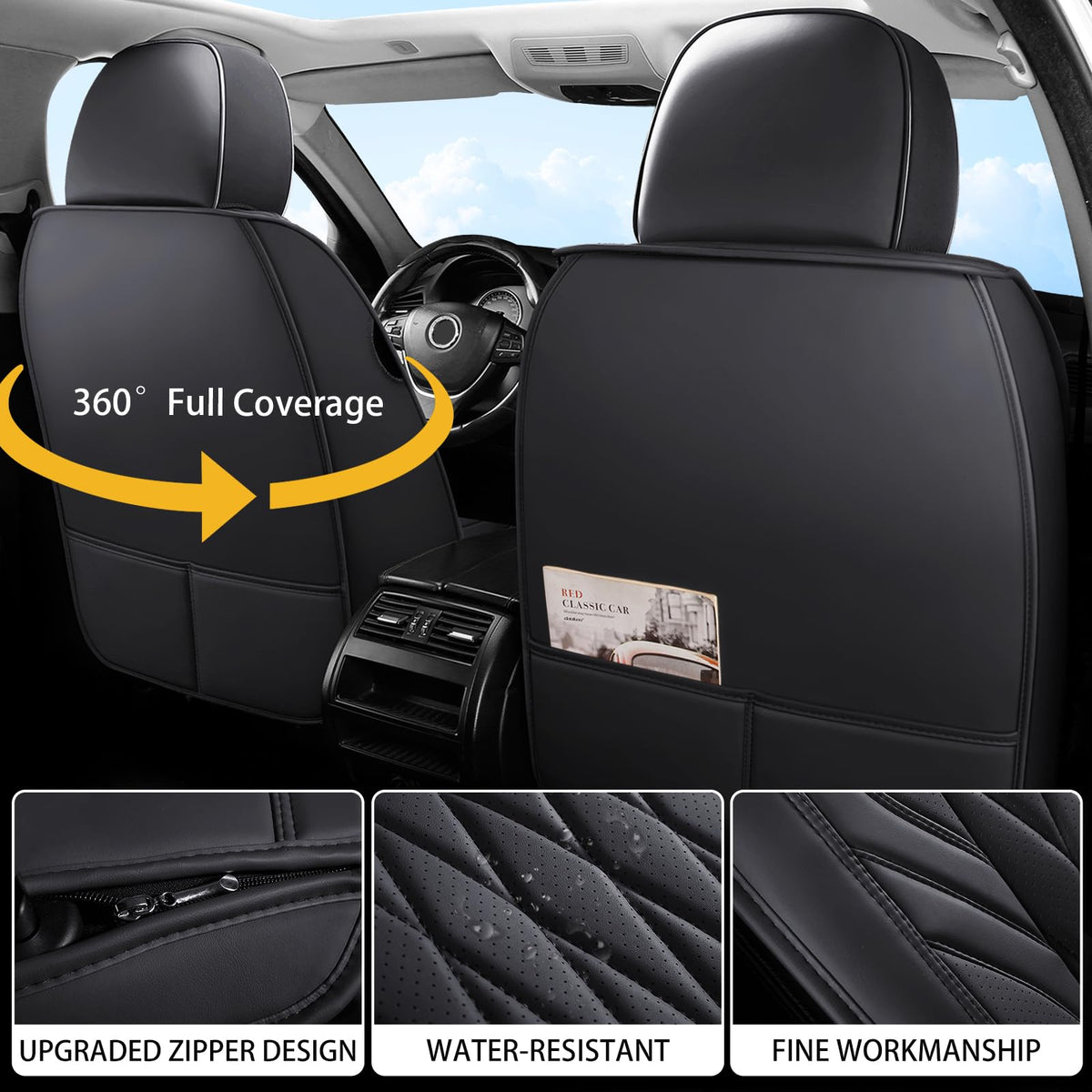 Black Faux Leather Car Seat Cover Full Set X7460