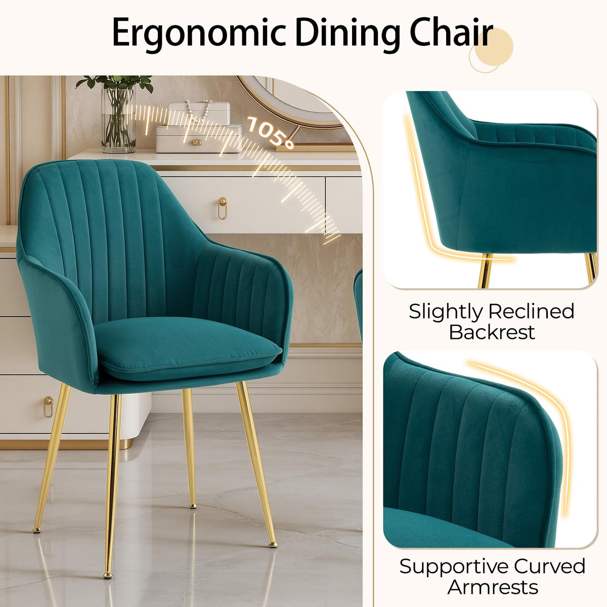 Velvet Accent Arm Chairs Set of 2 with Golden Legs F12032