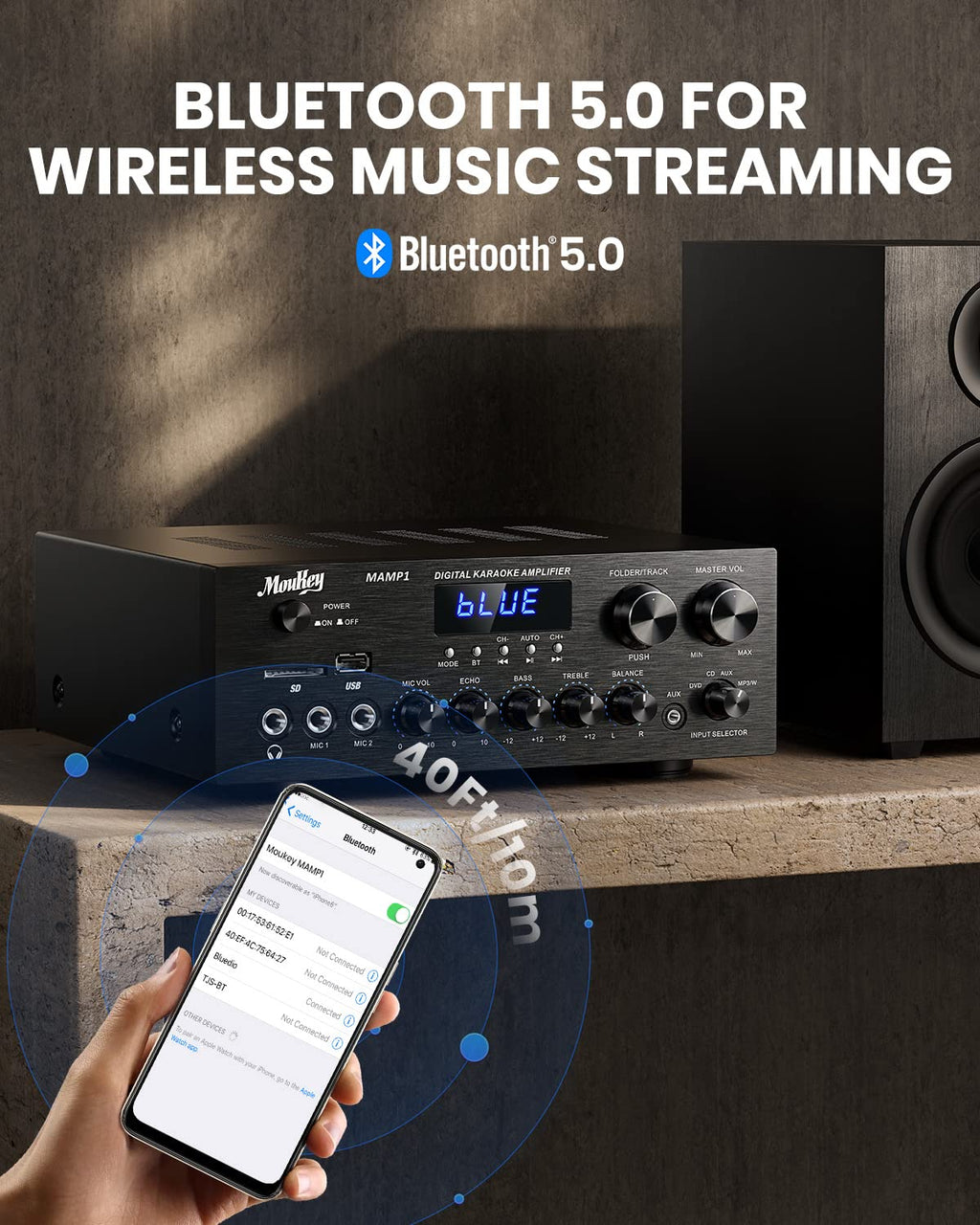 Bluetooth Stereo Receiver Amplifier with USB SD AUX RCA MIC, 400W Peak Q2309