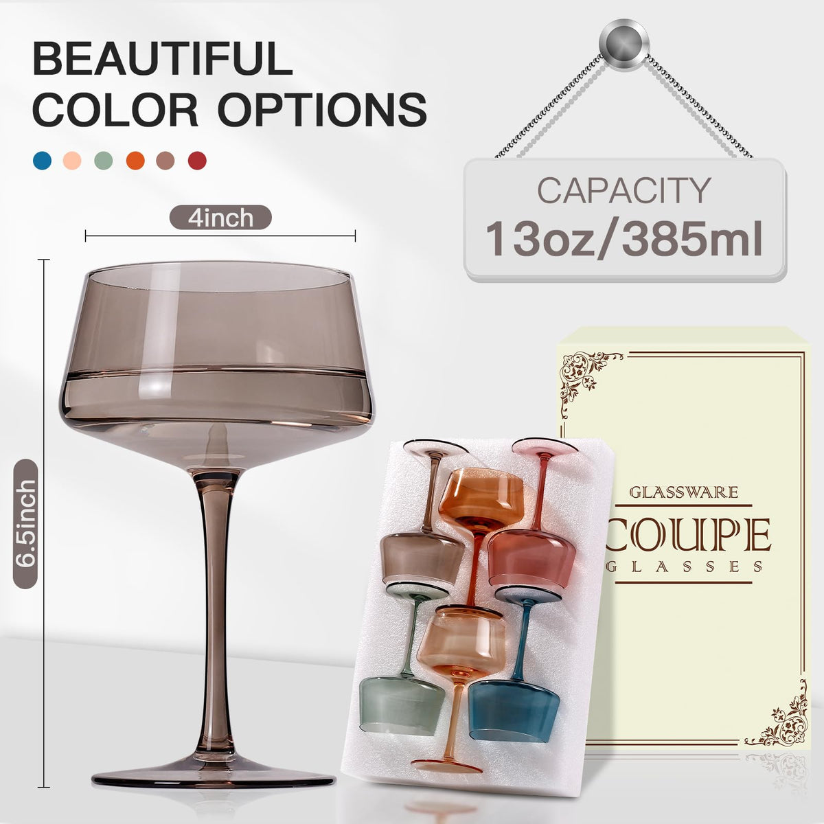 Colored Coupe Glasses Set of 6, Hand Blown 13Oz W71009