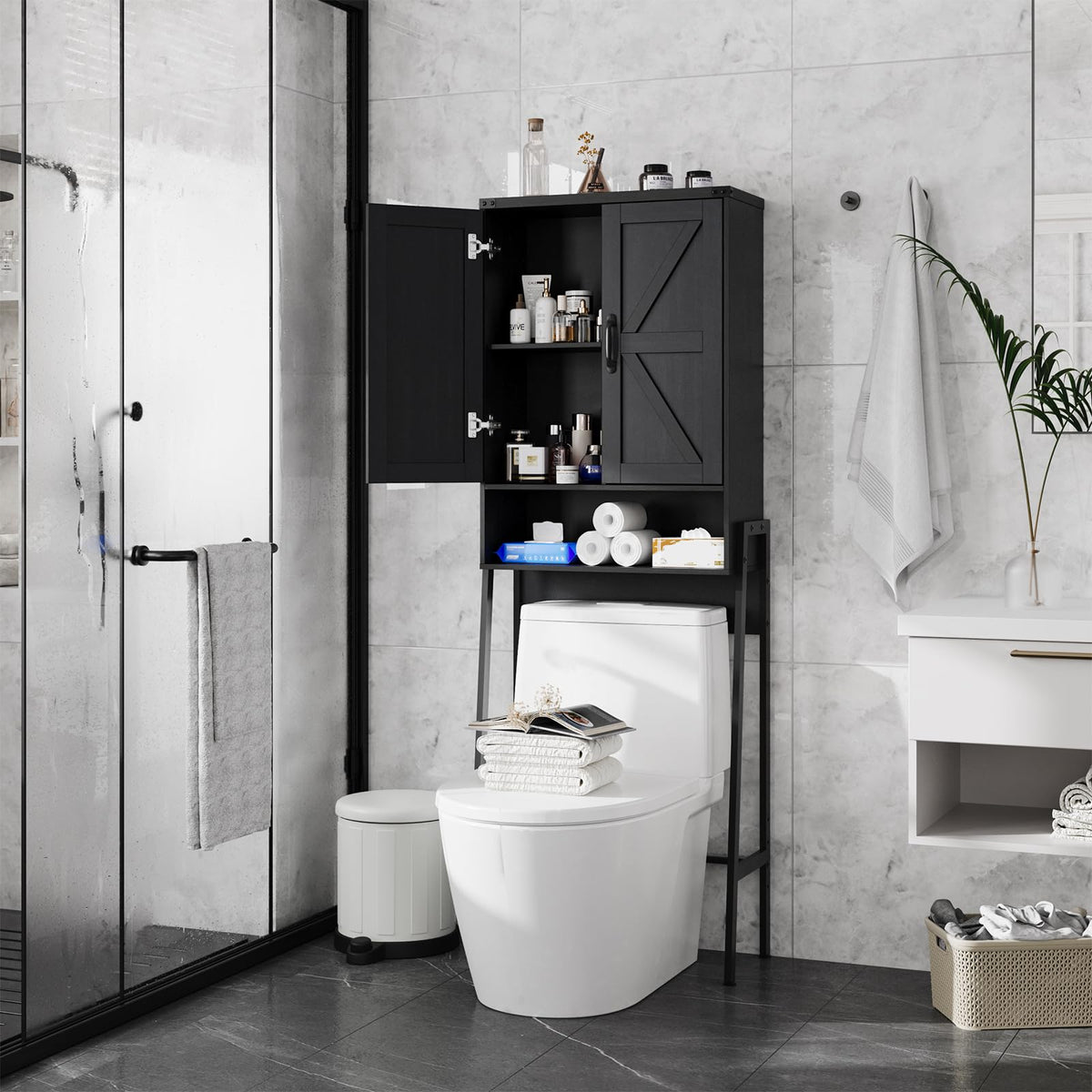 Over The Toilet Storage Cabinet with 2-Door Design Black Y2571