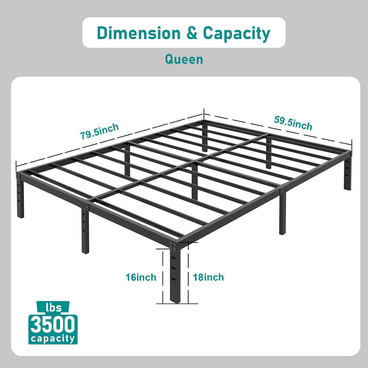 18 Inch Queen Metal Platform Bed Frame Heavy Duty Black X989
