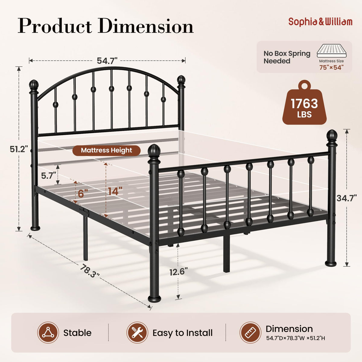 Full Size Metal Bed Frame with Tall Headboard O2078