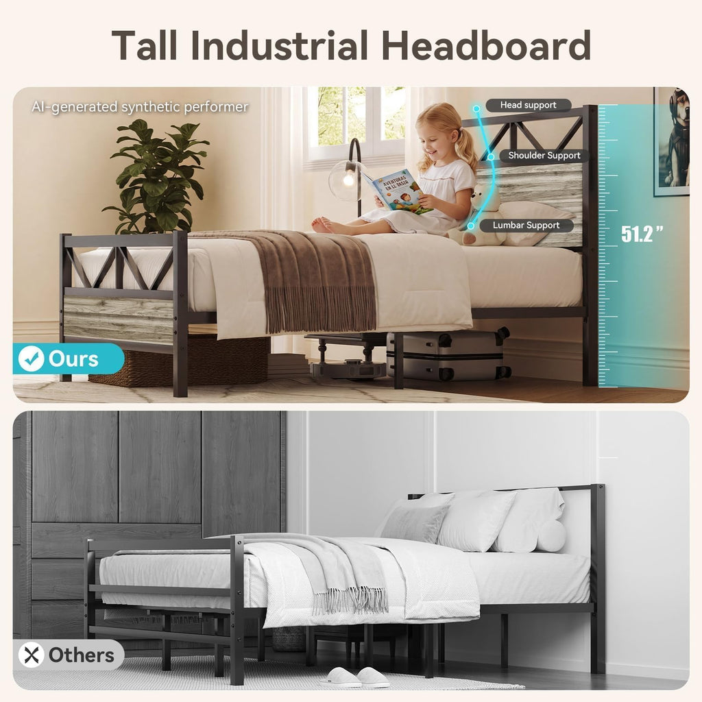 Wash Grey Twin Size Bed Frame with Tall Headboard X518