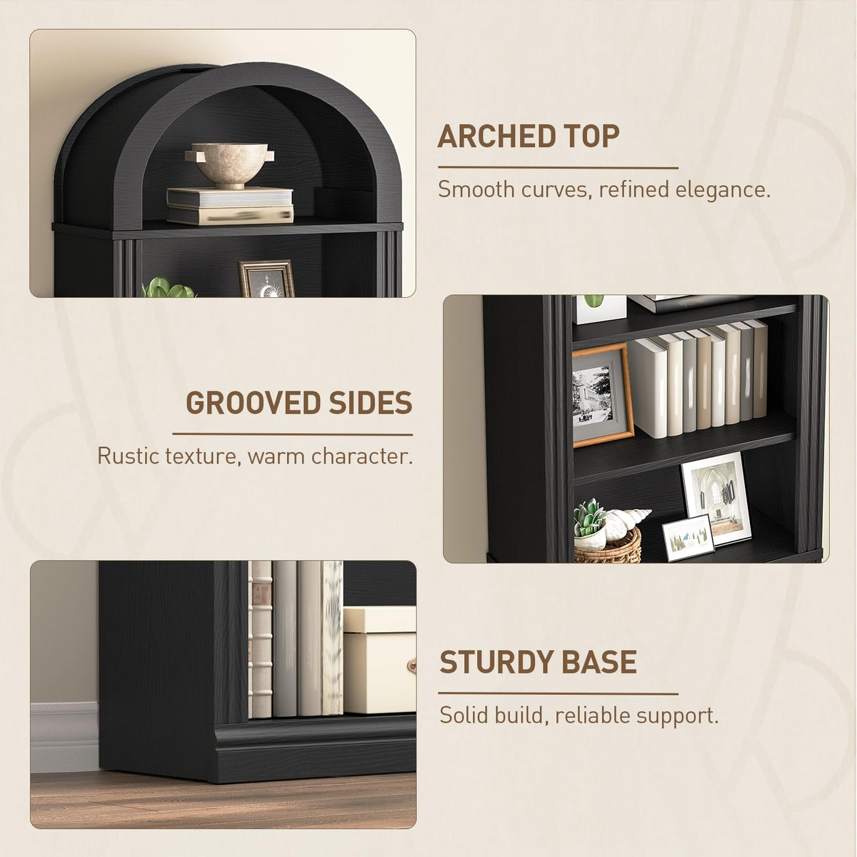 75.8" Tall Narrow 6-Tier Arched Wooden Bookshelf, Black Z426314