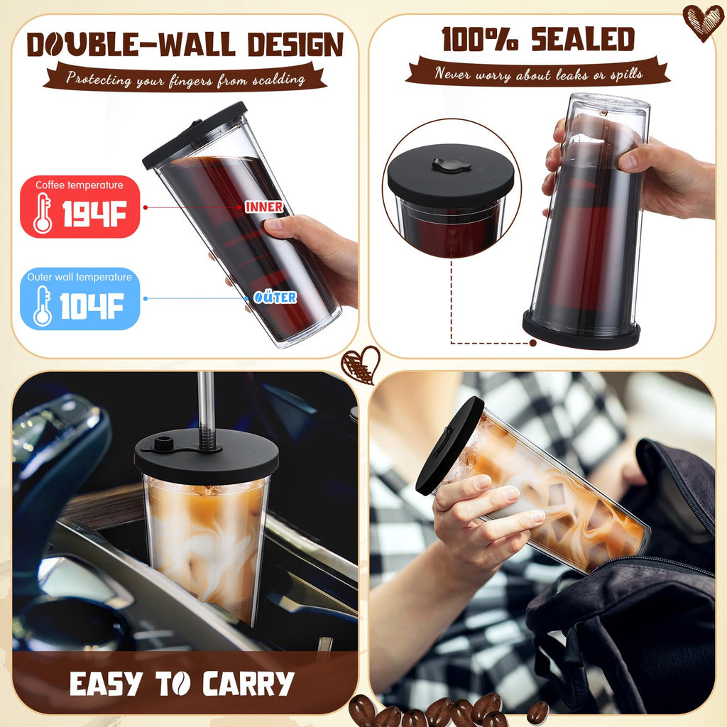 2 Pack 24 oz Clear Plastic Insulated Tumblers with Lids and Straws R3580