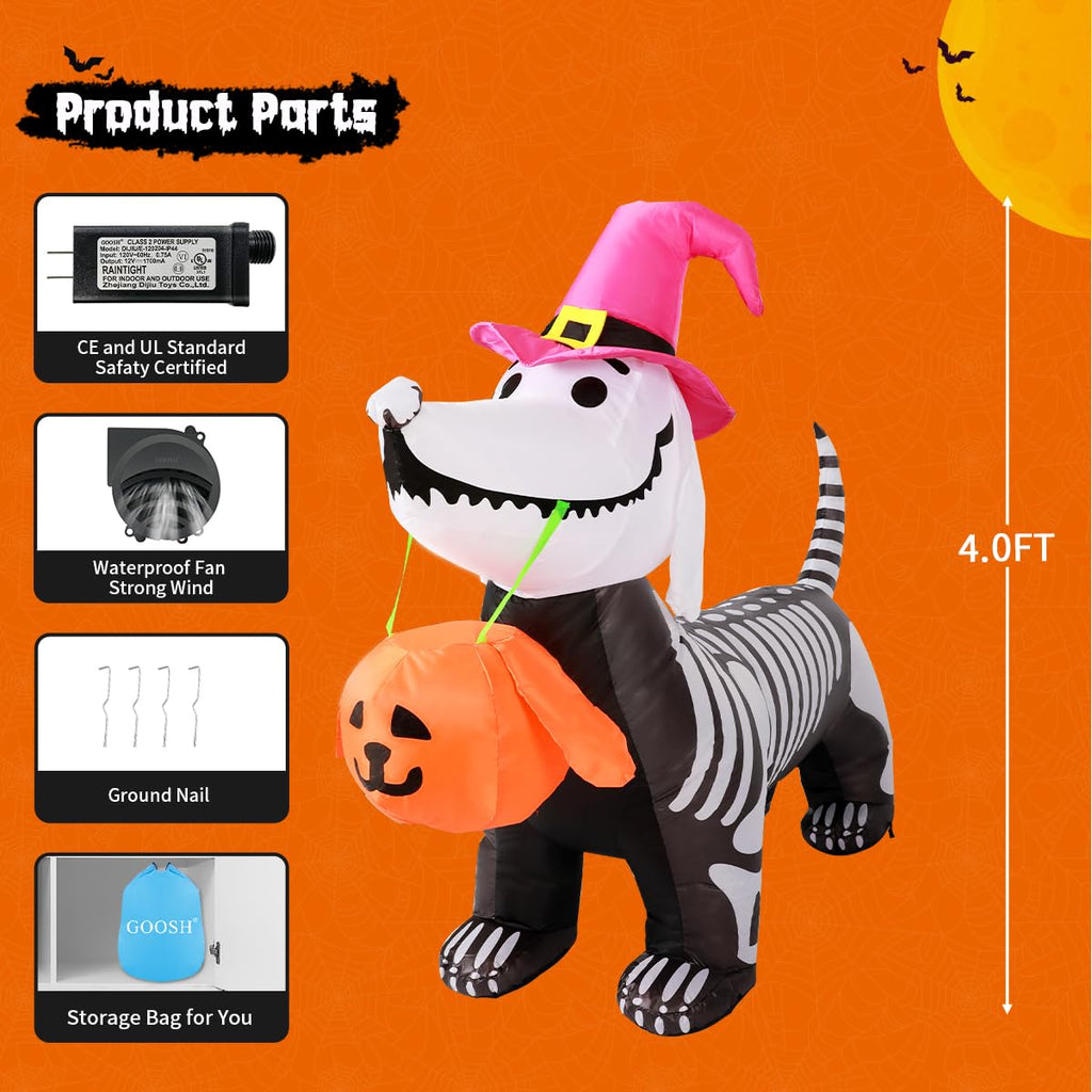 5.5 FT Halloween Inflatable Skeleton Puppy with Build-in LEDs W84463
