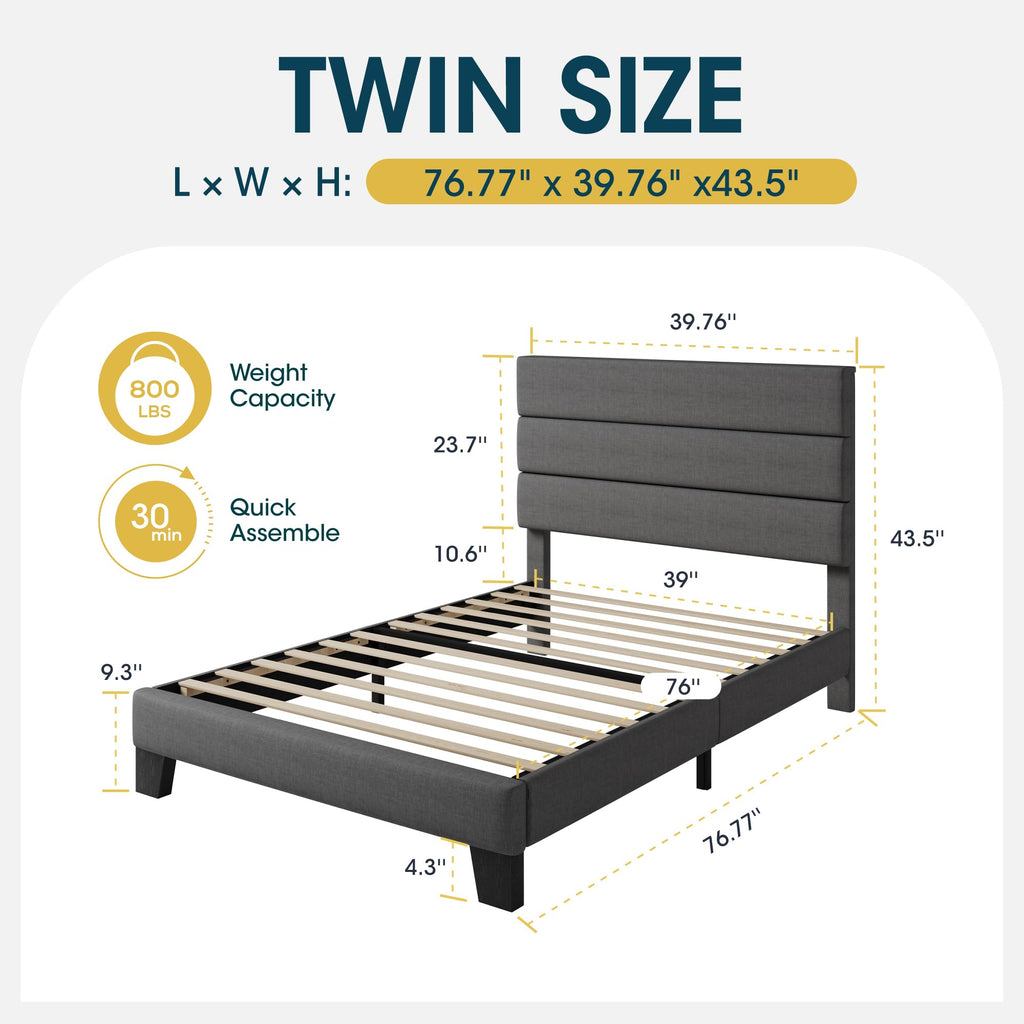 Twin Size Dark Grey Upholstered Fabric Bed Frame E5671
