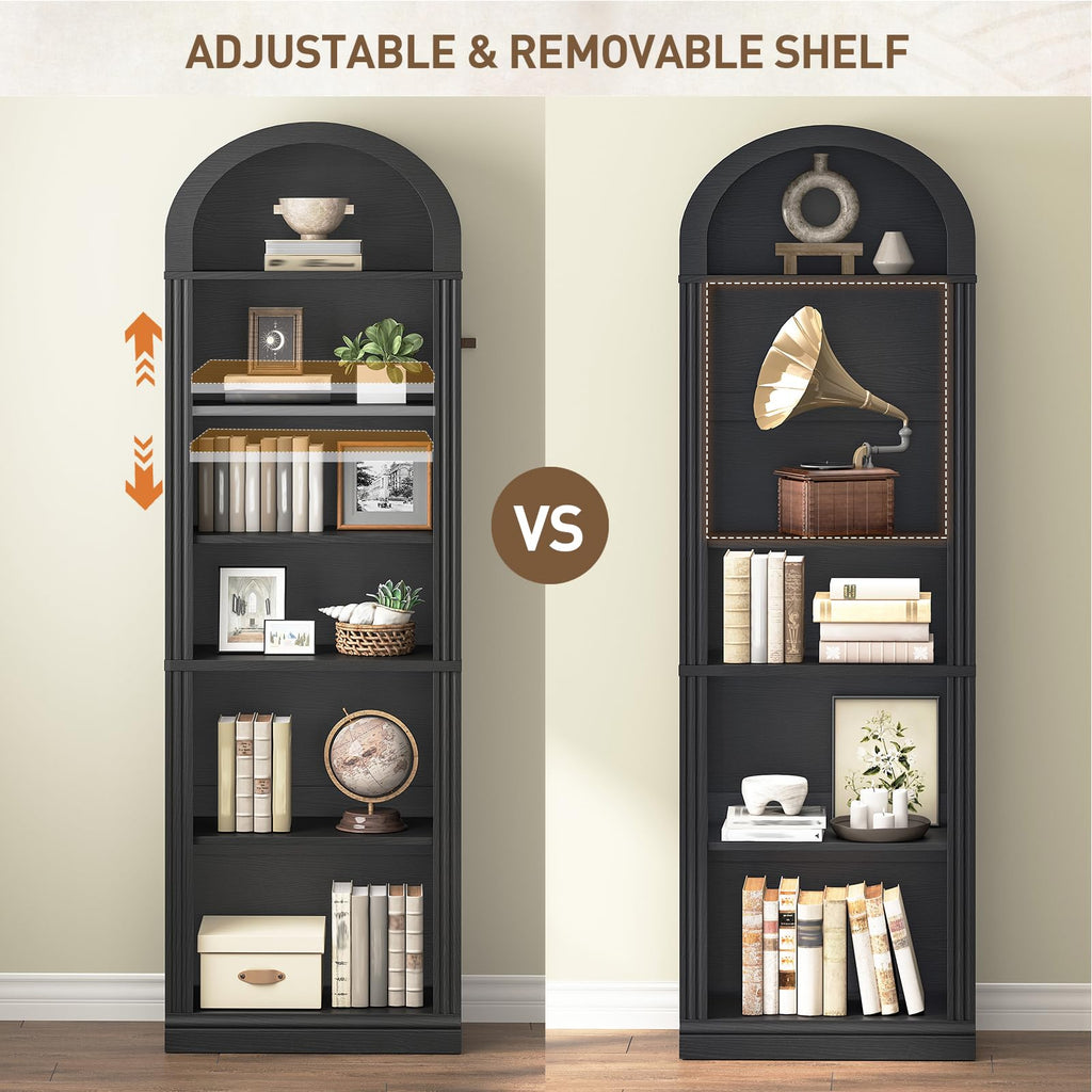 75.8" Tall Narrow 6-Tier Arched Wooden Bookshelf, Black Z426314