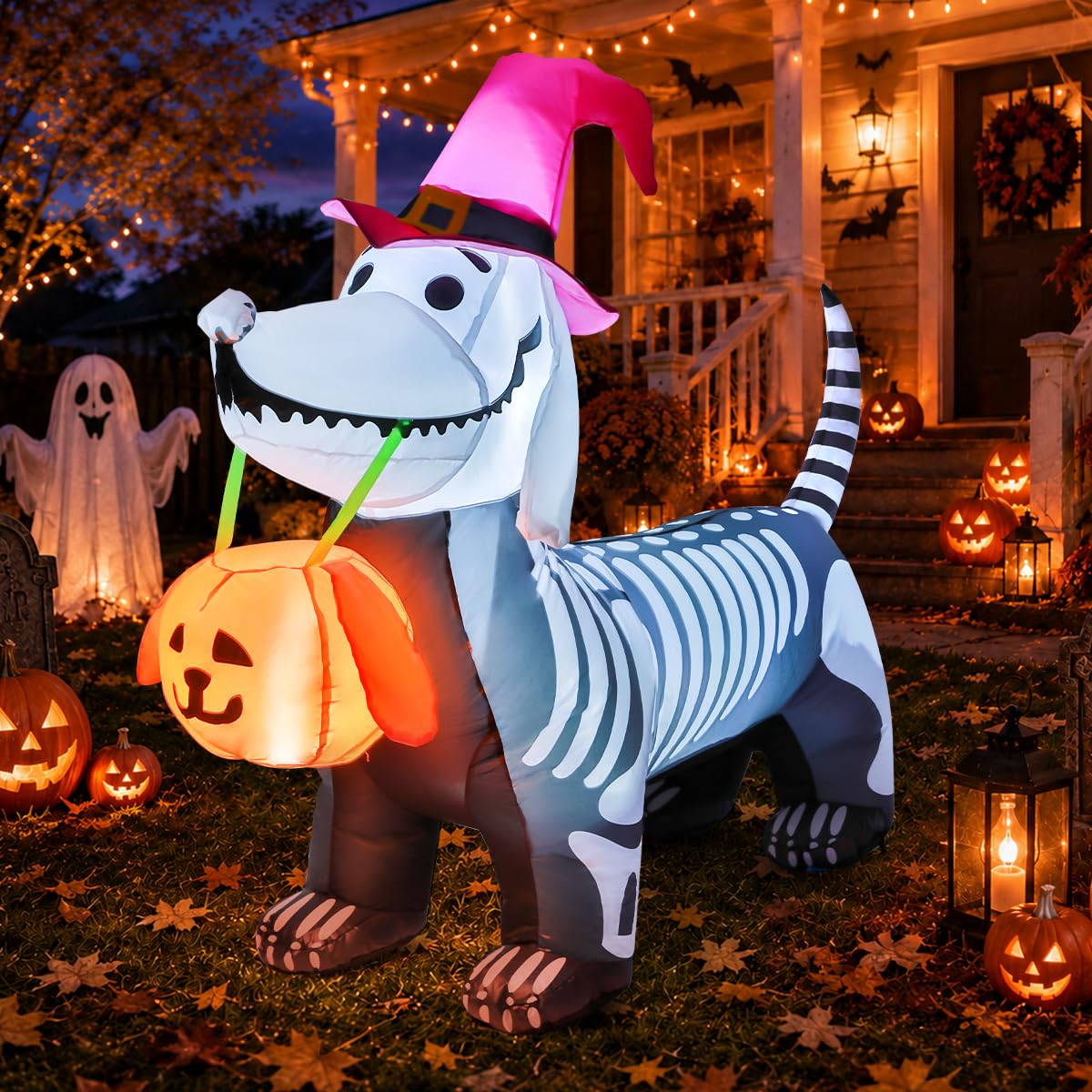 5.5 FT Halloween Inflatable Skeleton Puppy with Build-in LEDs W84463