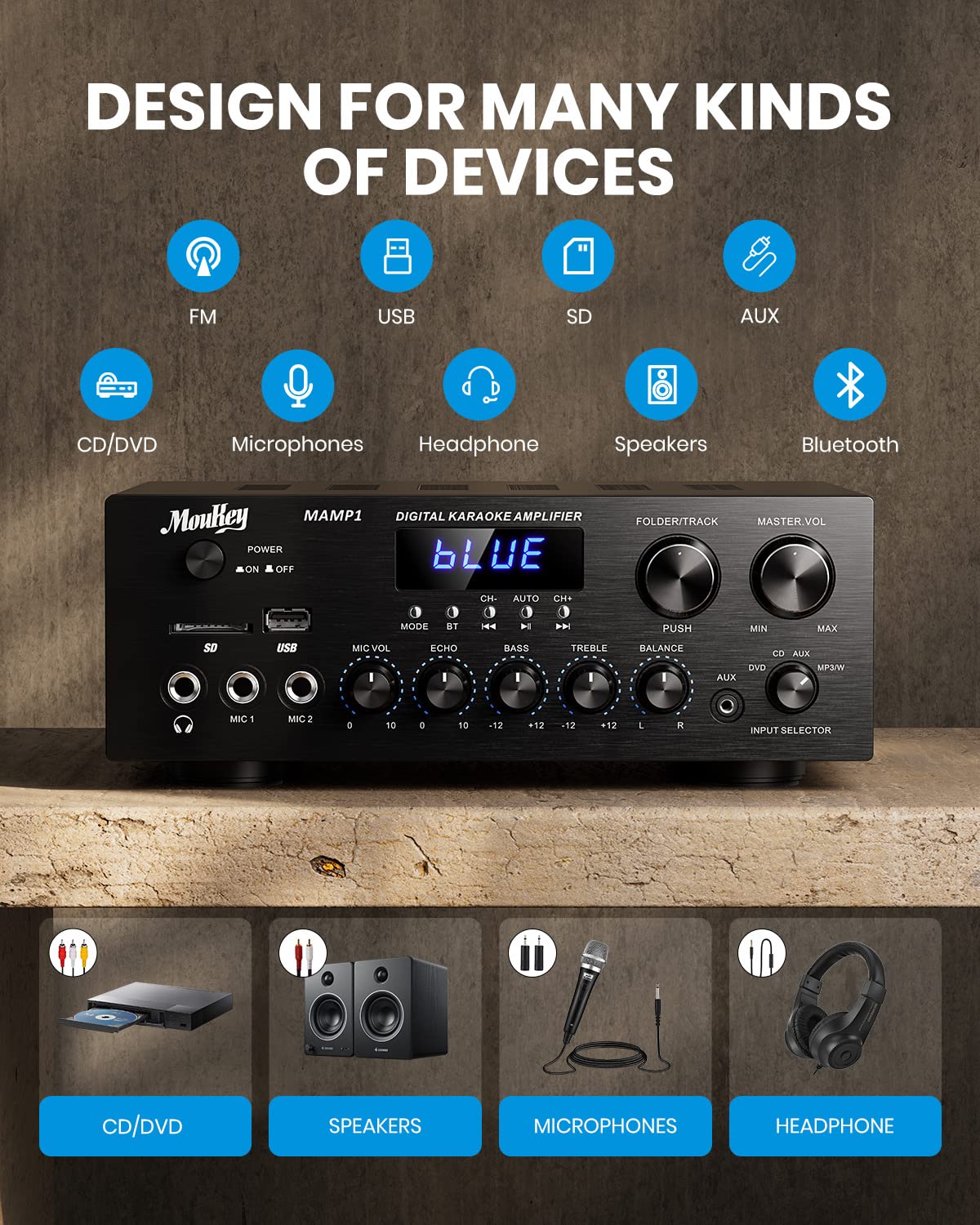 Bluetooth Stereo Receiver Amplifier with USB SD AUX RCA MIC, 400W Peak Q2309