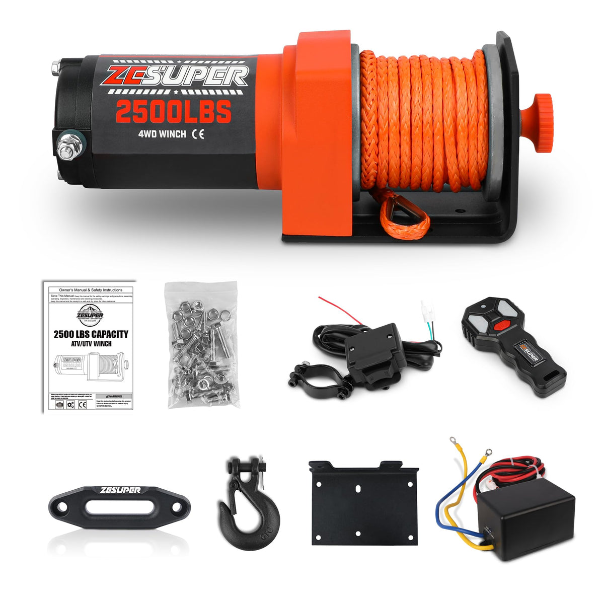 2500 lb Electric Winch 30ft Synthetic Rope 12V DC A2115