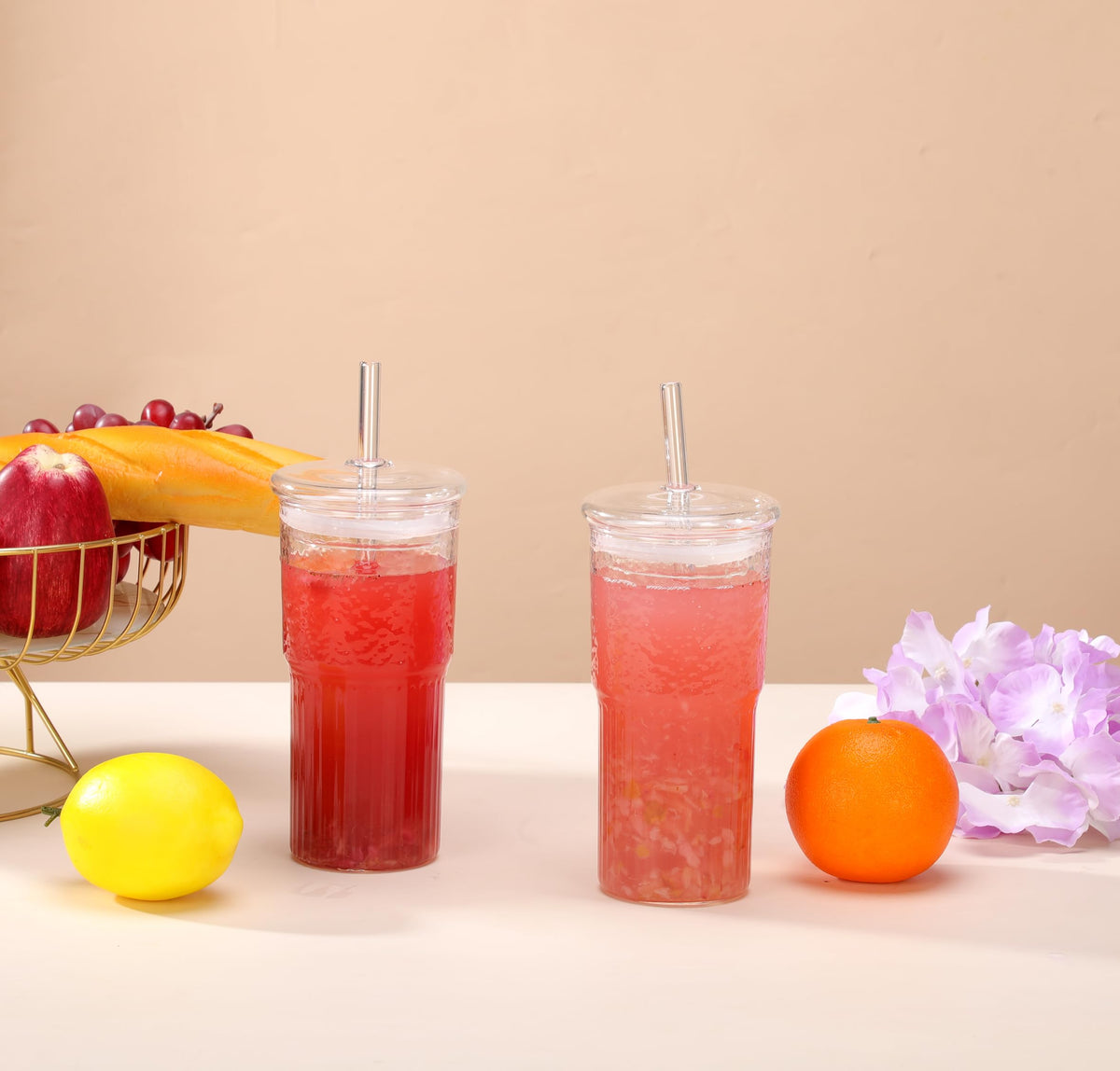 2Pcs 22oz Glass Cups with Lids and Straws B884