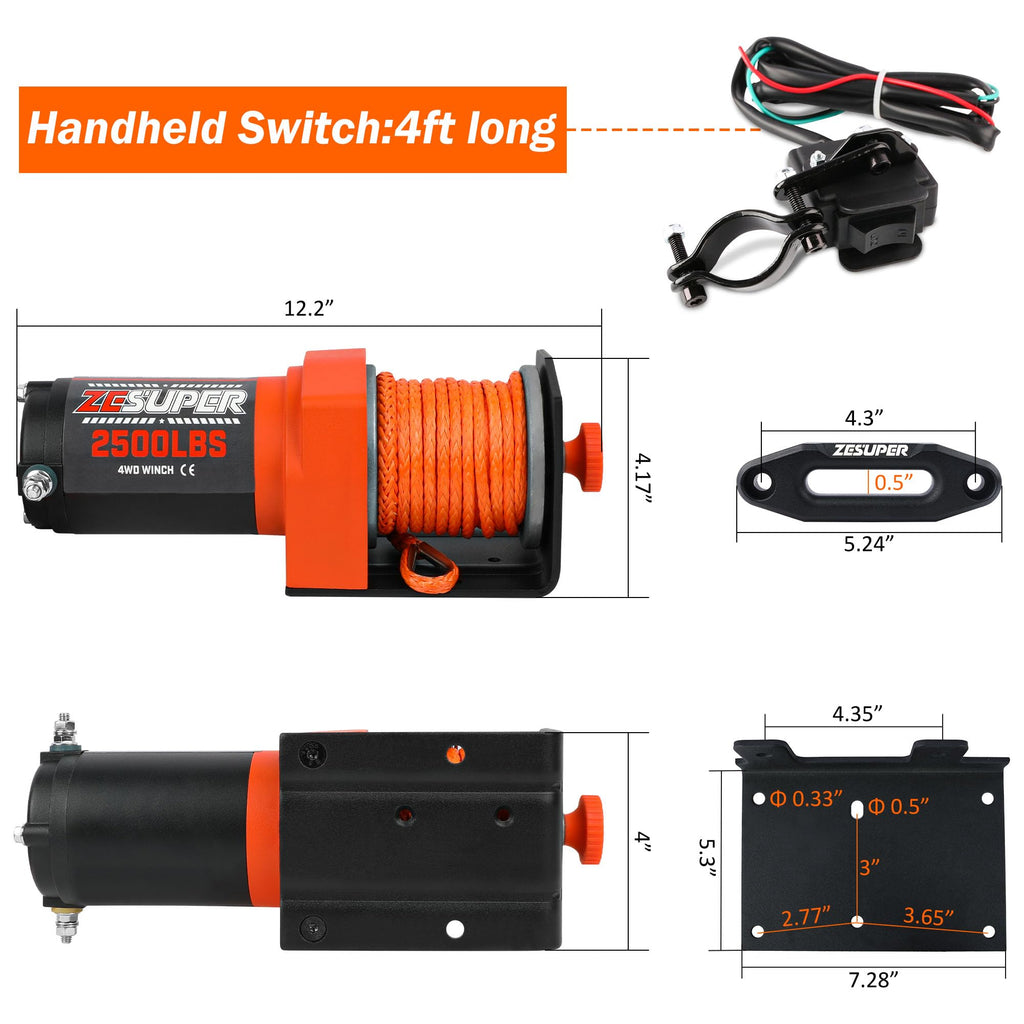 2500 lb Electric Winch 30ft Synthetic Rope 12V DC A2115