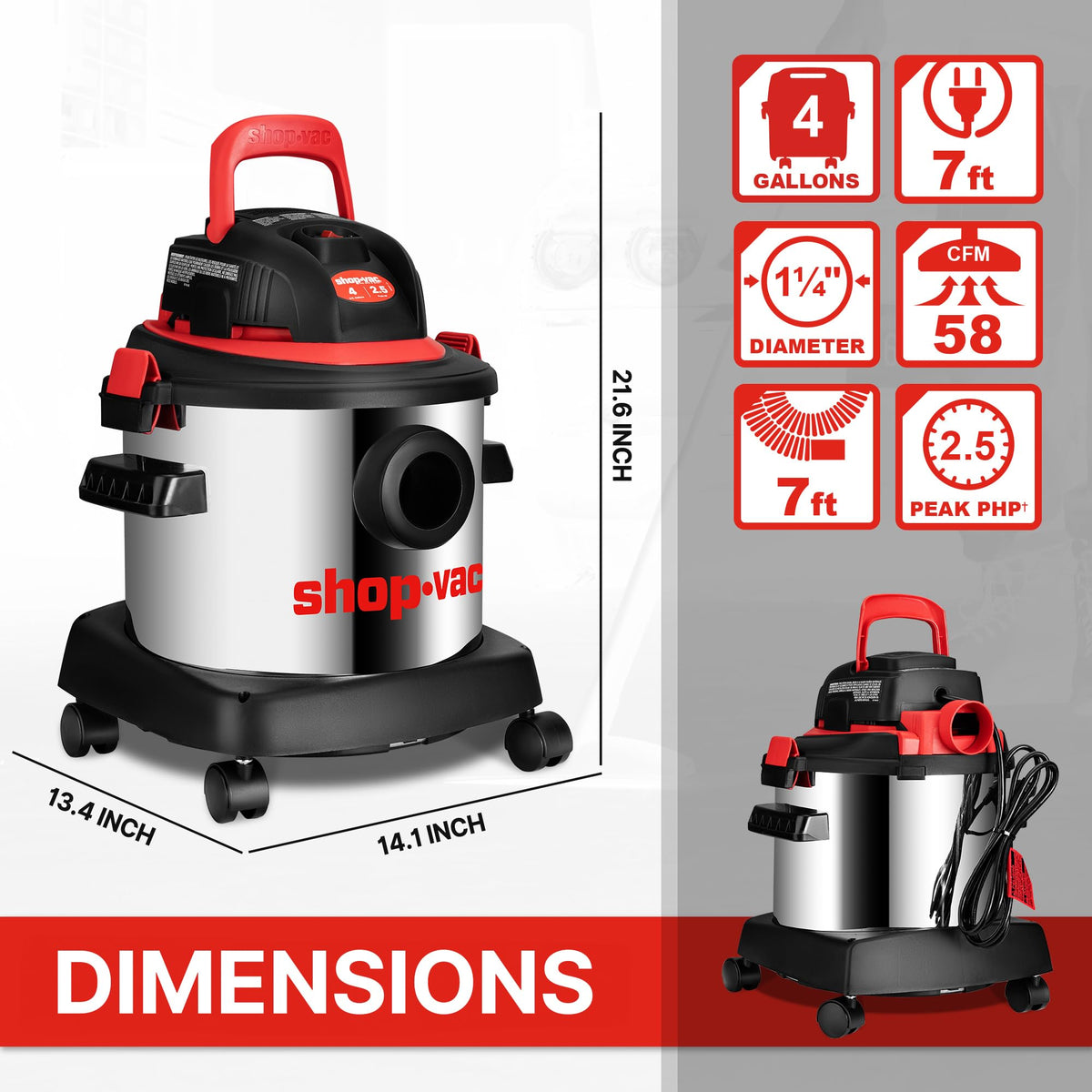 Wet/Dry Vacuum Cleaner, 4 Gallon, 2.5 Peak HP G688085