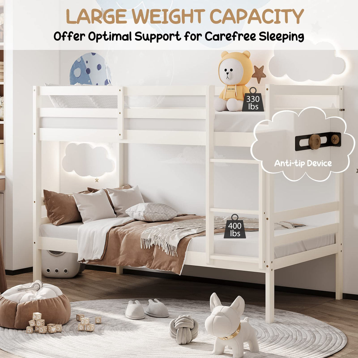 Wood Twin Over Twin Bunk Bed with Ladder & Safety Guardrail T5825
