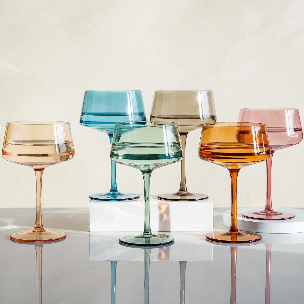 Colored Coupe Glasses Set of 6, Hand Blown 13Oz W71009