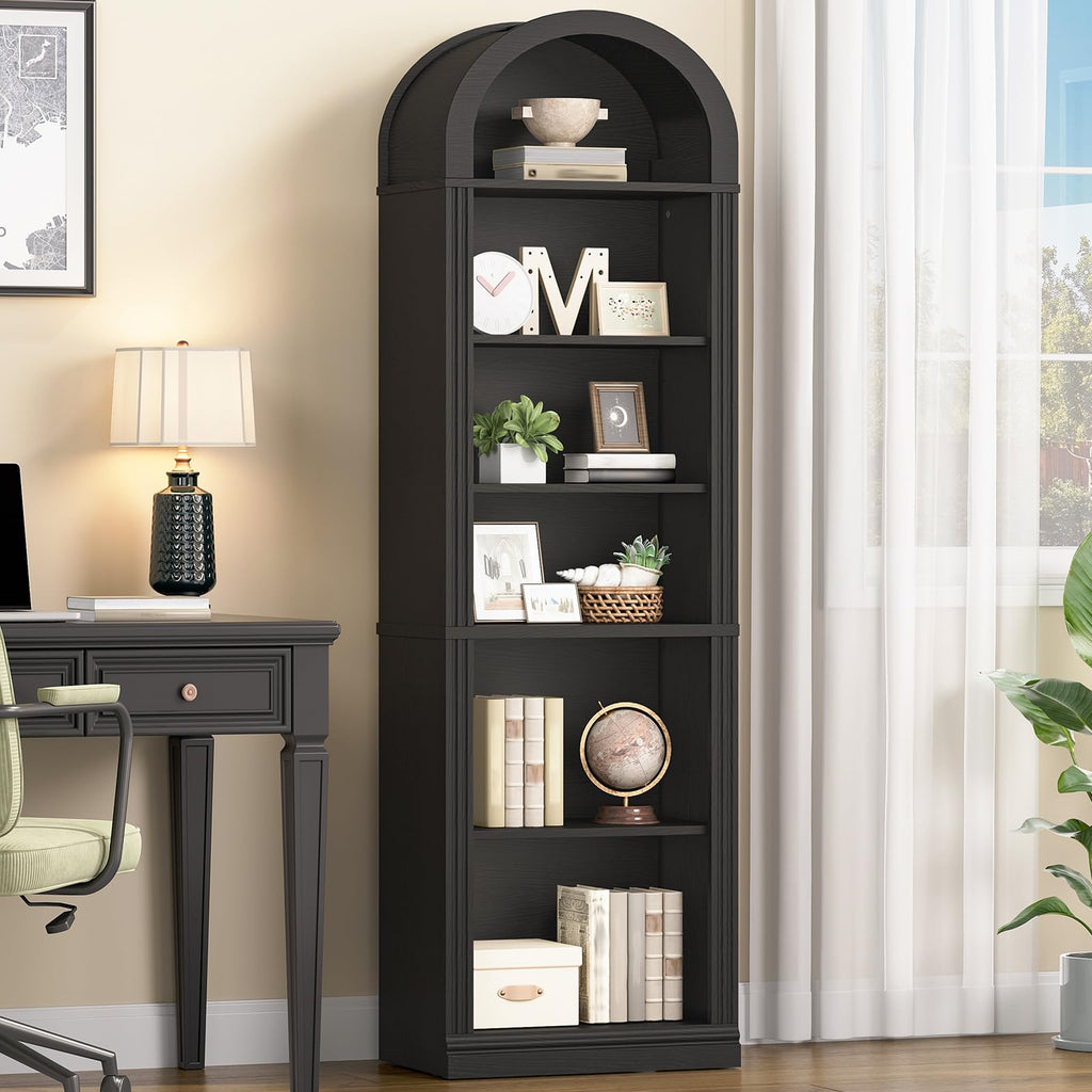 75.8" Tall Narrow 6-Tier Arched Wooden Bookshelf, Black Z426314