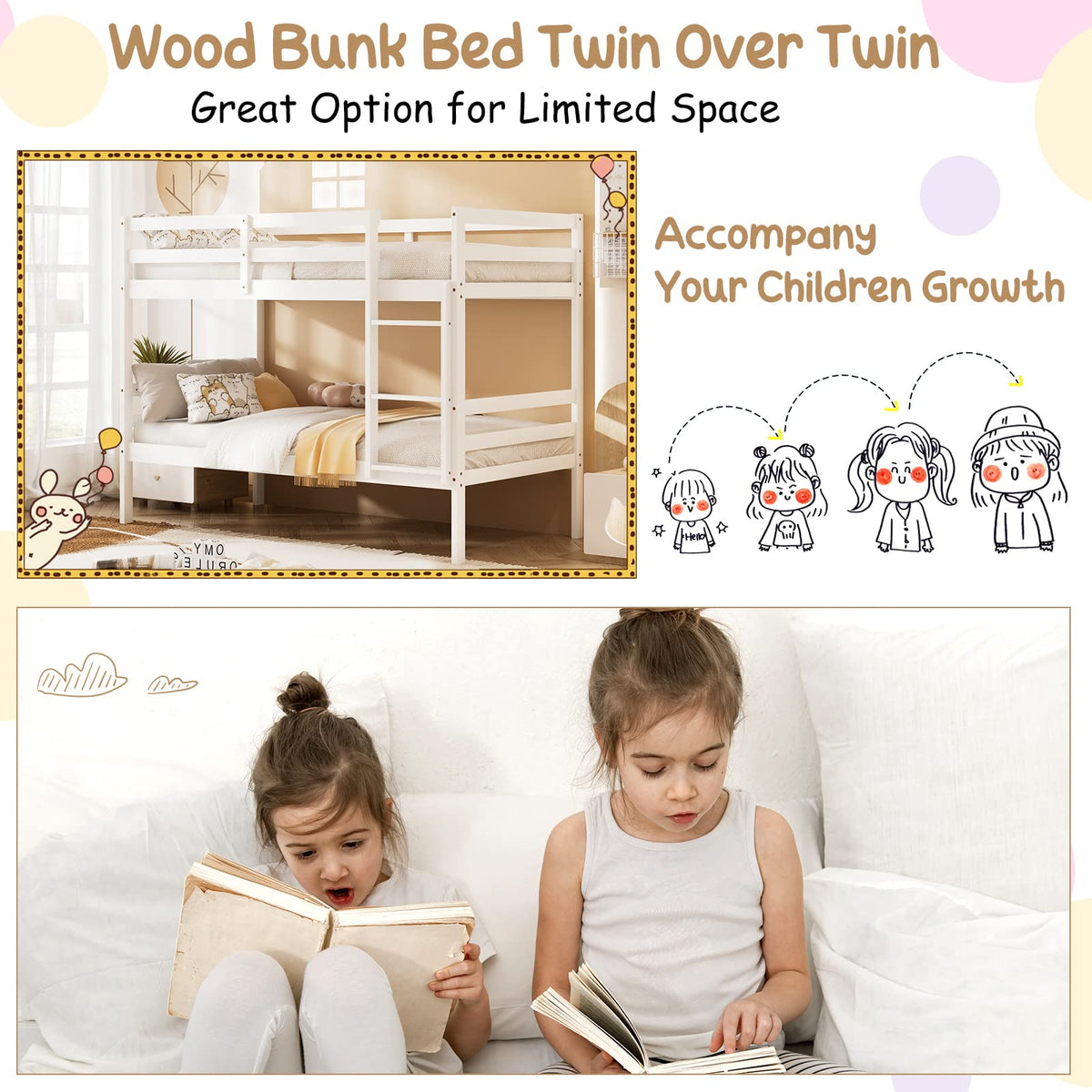 Wood Twin Over Twin Bunk Bed with Ladder & Safety Guardrail T5825