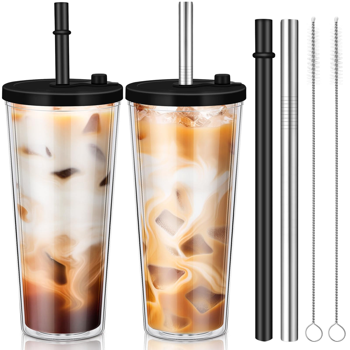 2 Pack 24 oz Clear Plastic Insulated Tumblers with Lids and Straws R3580