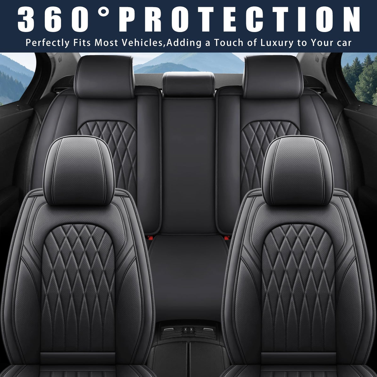 Black Faux Leather Car Seat Cover Full Set X7460
