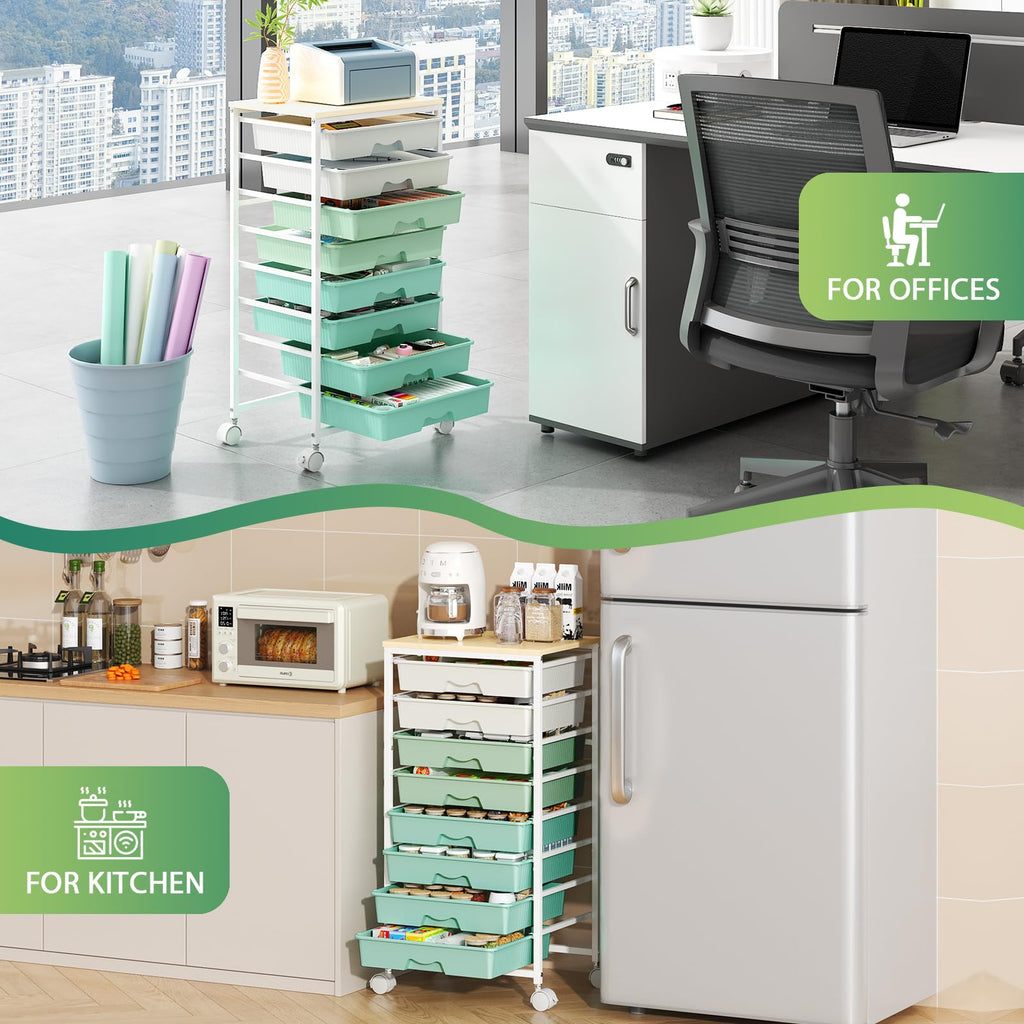 Green Rolling Cart with 8 Drawers Q90726