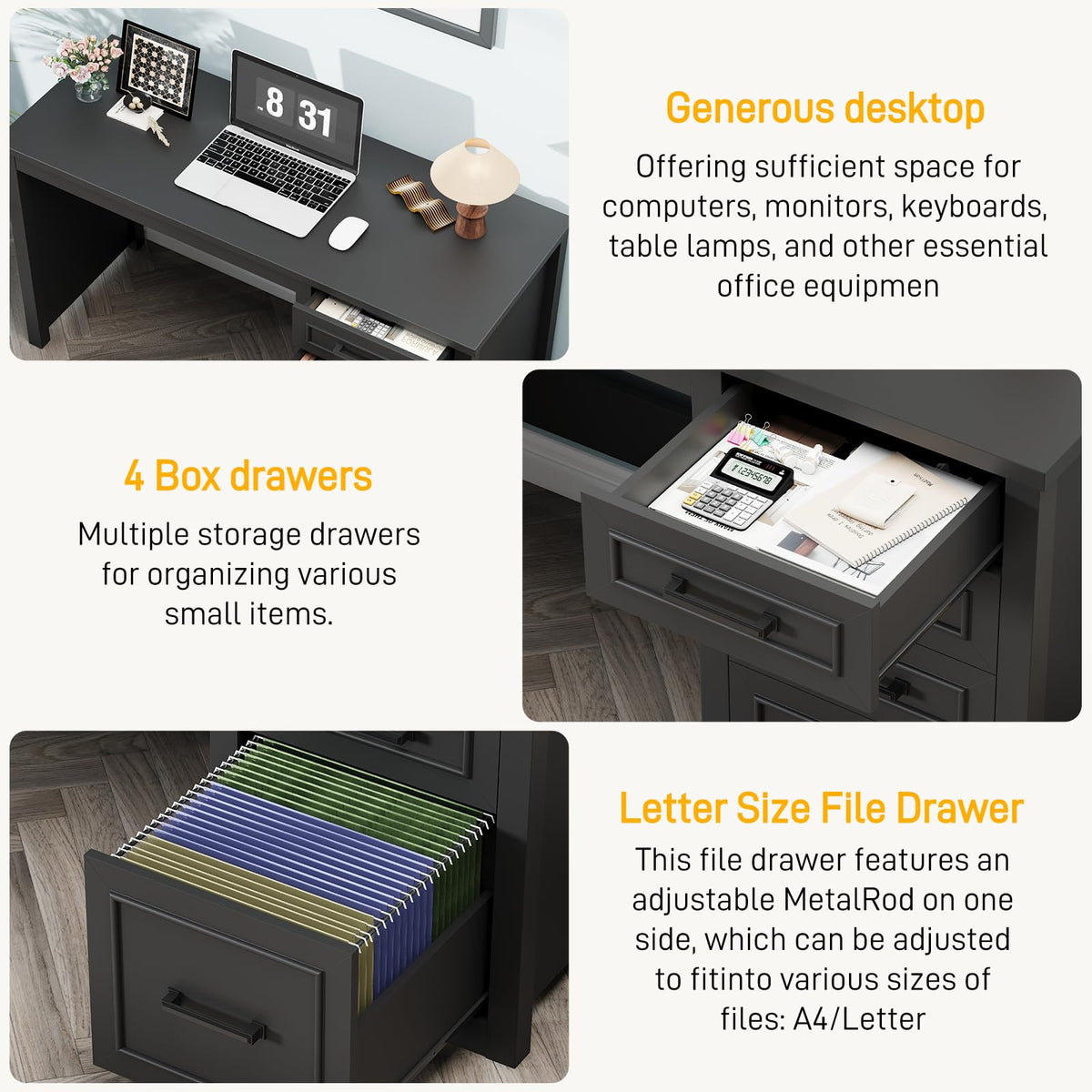 Black Executive Desk with File Drawer V7423