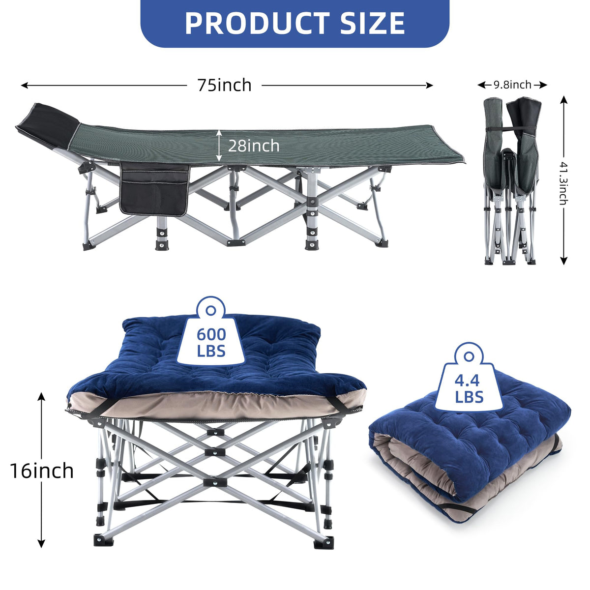 Blue Camping Cot with Cushion, Pillow and Carry Bag Q521