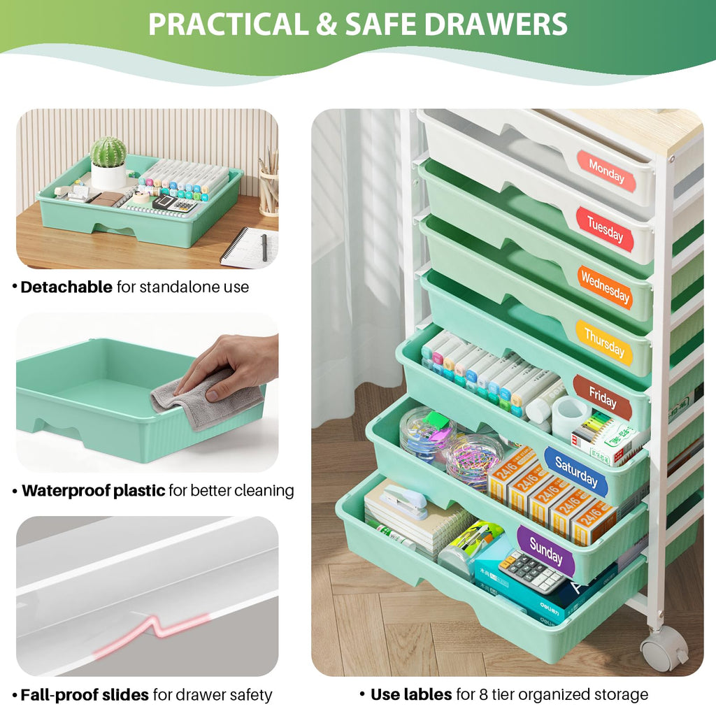 Green Rolling Cart with 8 Drawers Q90726