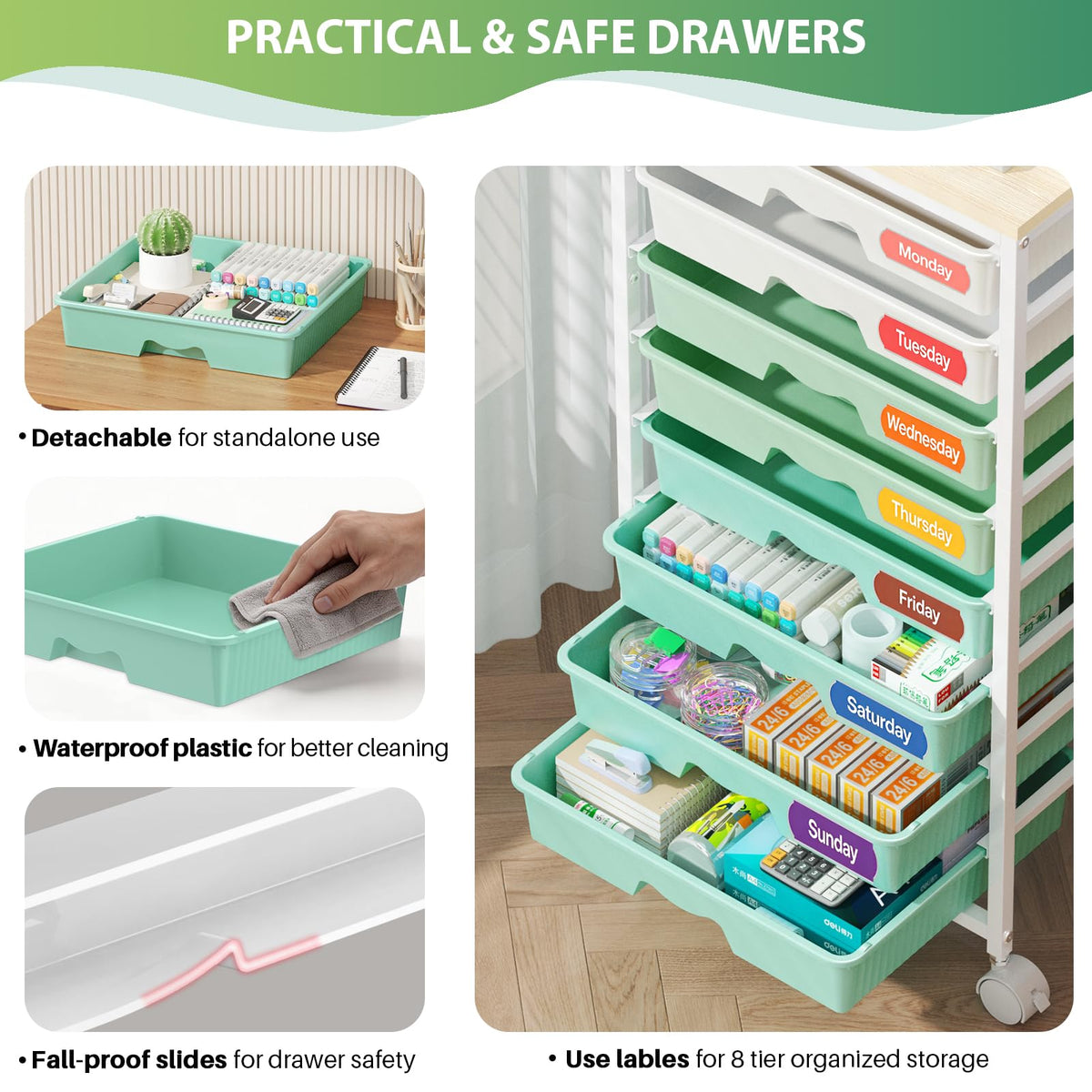 Green Rolling Cart with 8 Drawers Q90726