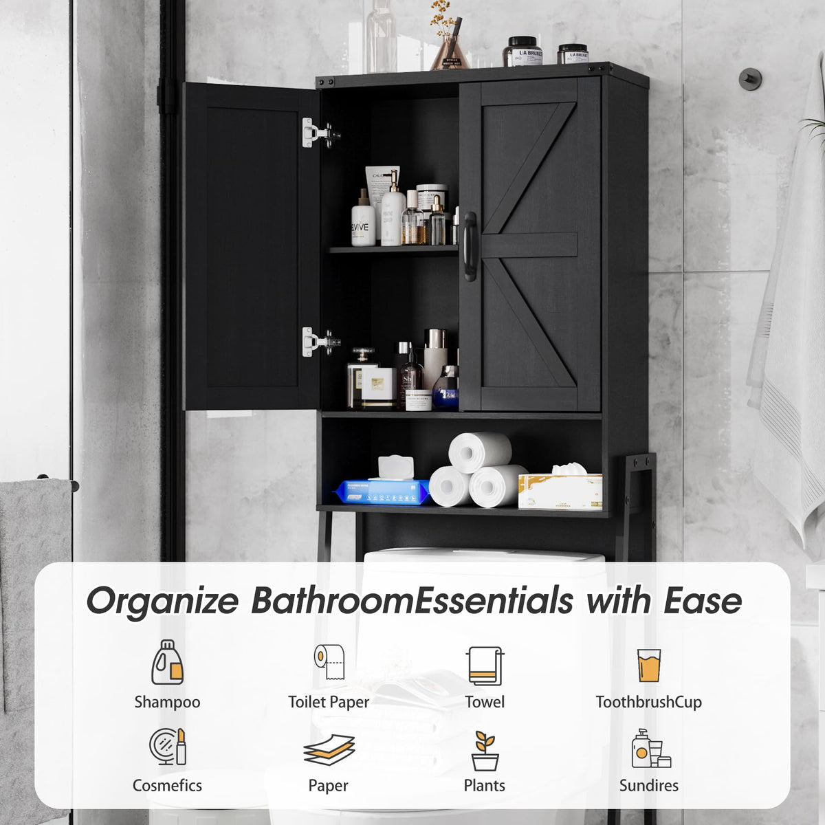 Over The Toilet Storage Cabinet with 2-Door Design Black Y2571